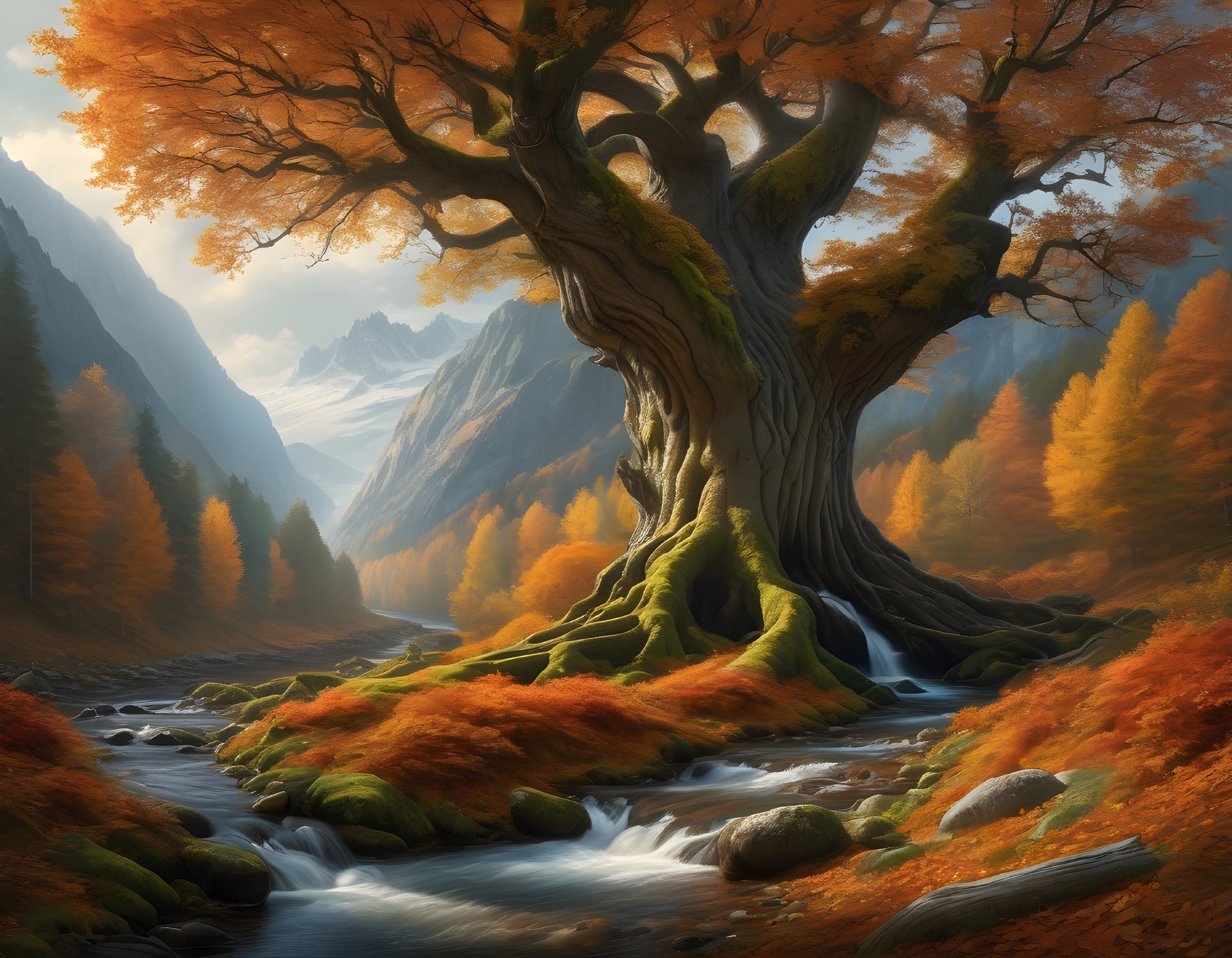 Majestic Tree by a Flowing Stream in Autumn Forest