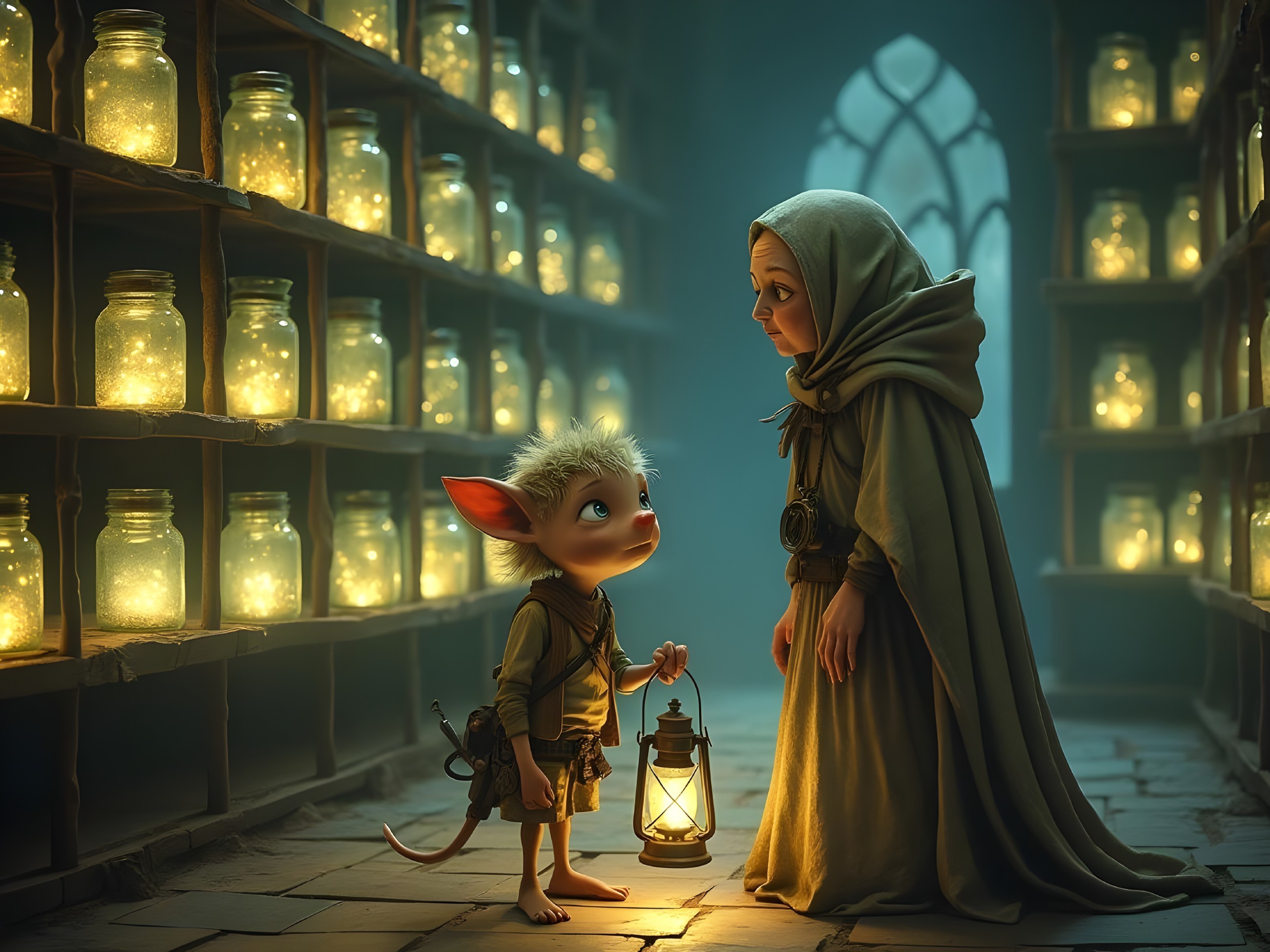 Magical Library Scene with Enchanting Creatures