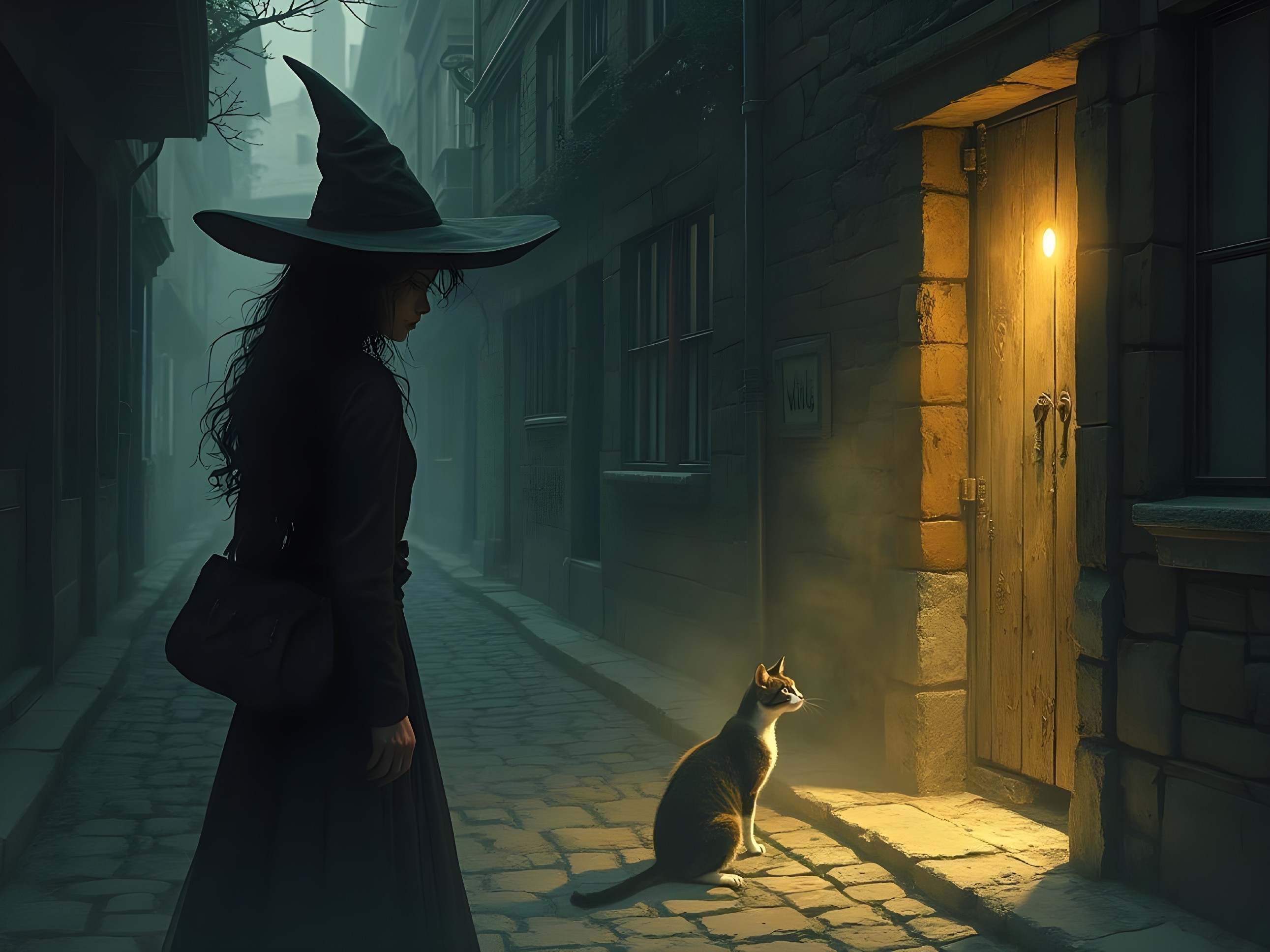 Witch in Black Dress by Glowing Door in Misty Alley