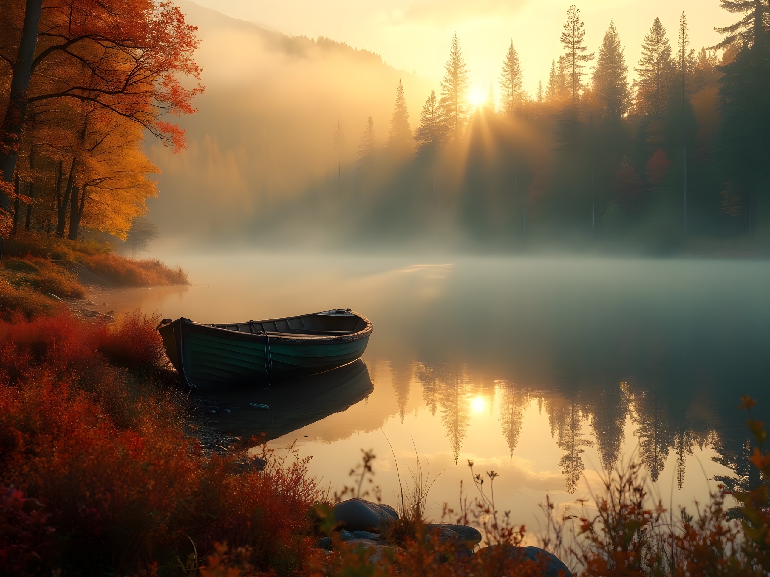 Serene dawn lake with mist and autumn foliage