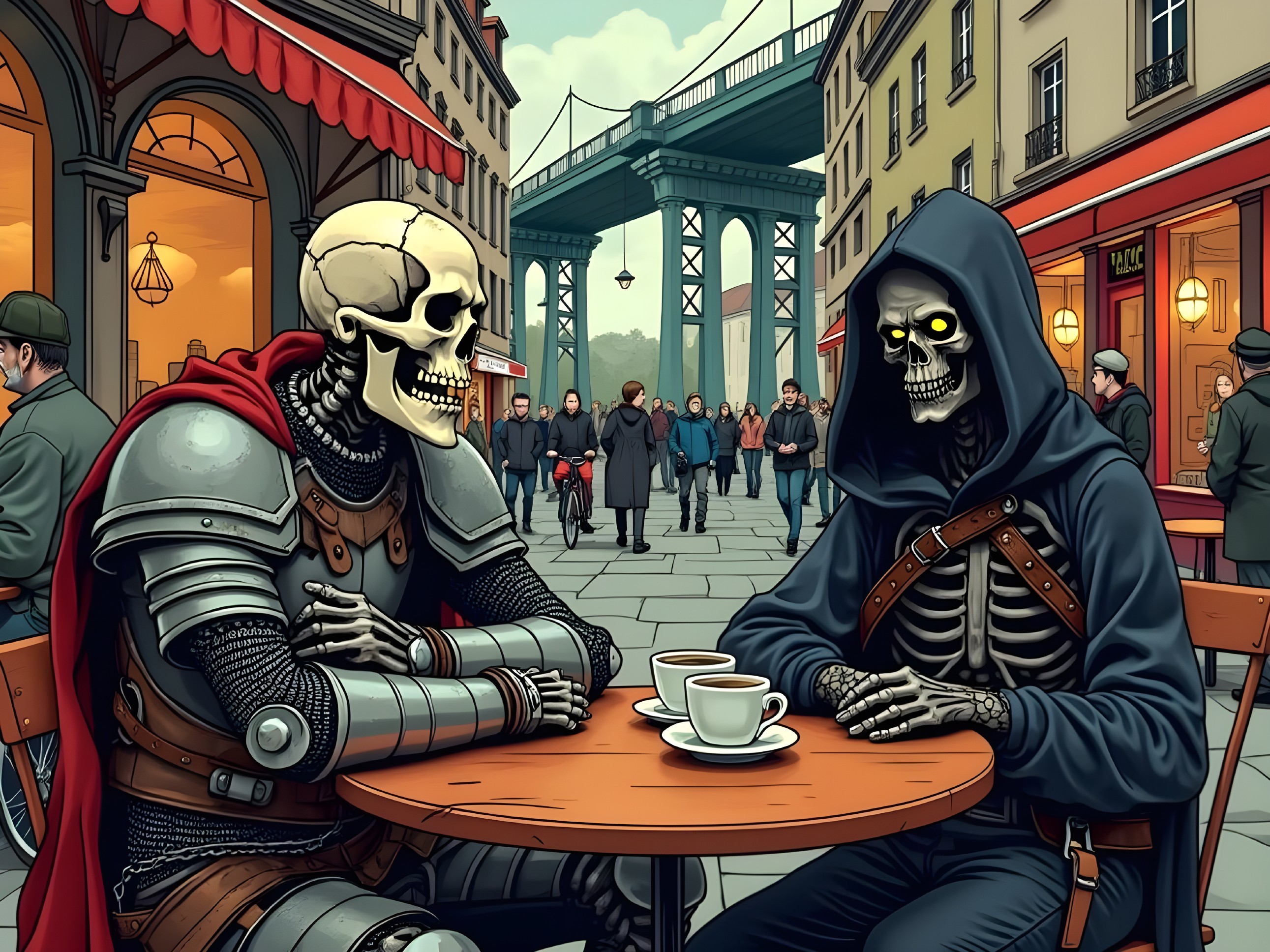 Skeletons in café with ornate armor and hooded cloak