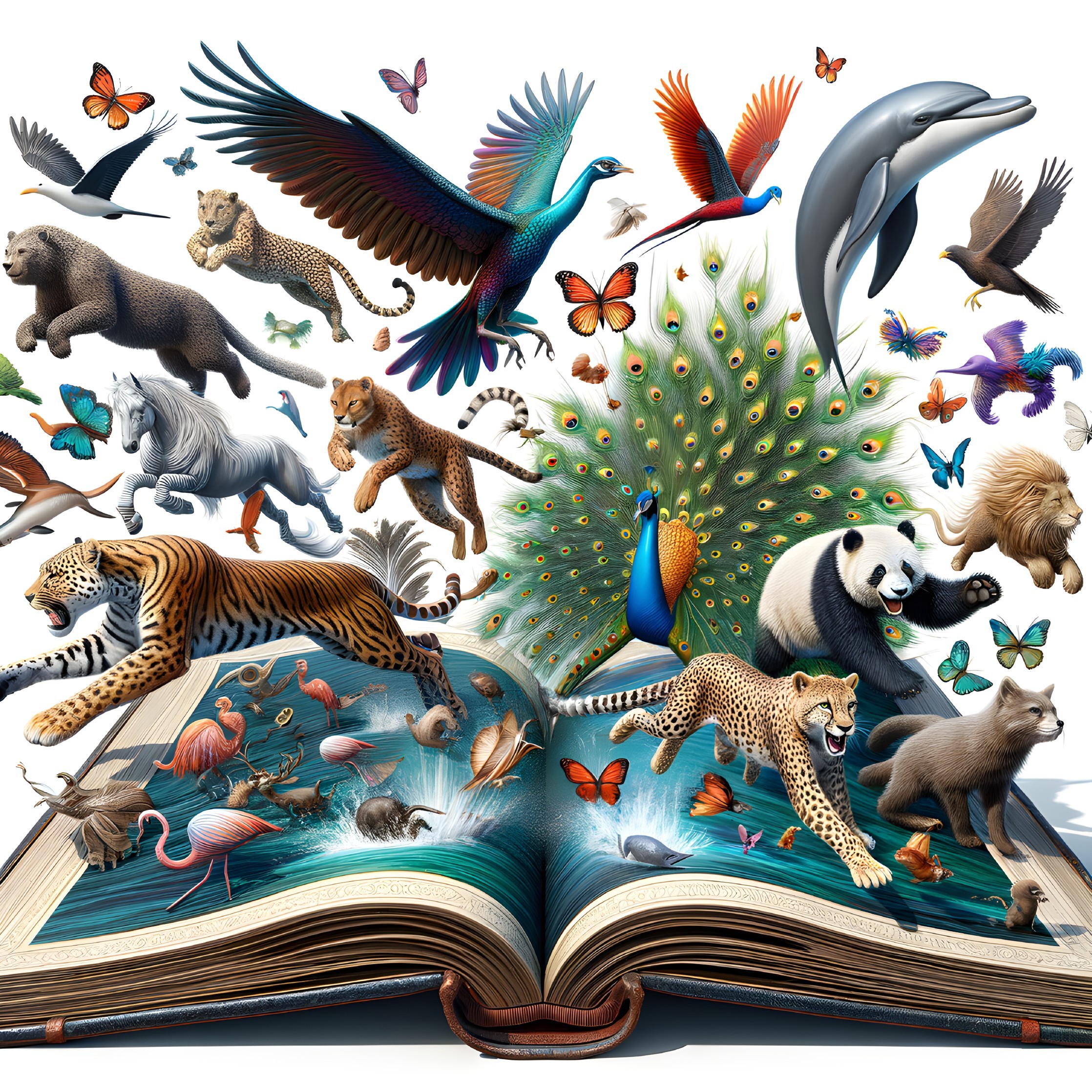 Illustrated wildlife springing from an open book