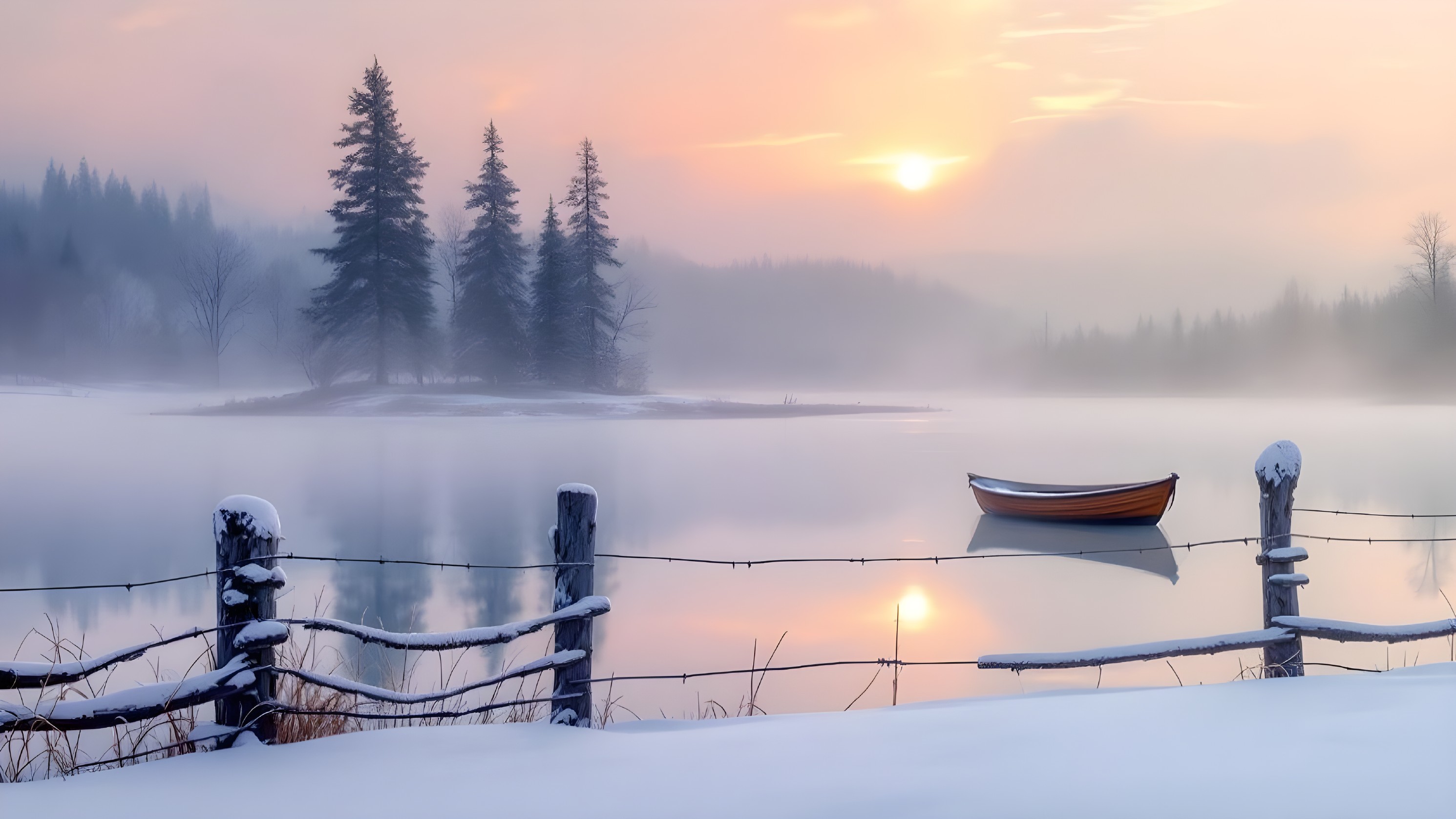 Tranquil Winter Lake Scene at Dawn with Fog and Colors