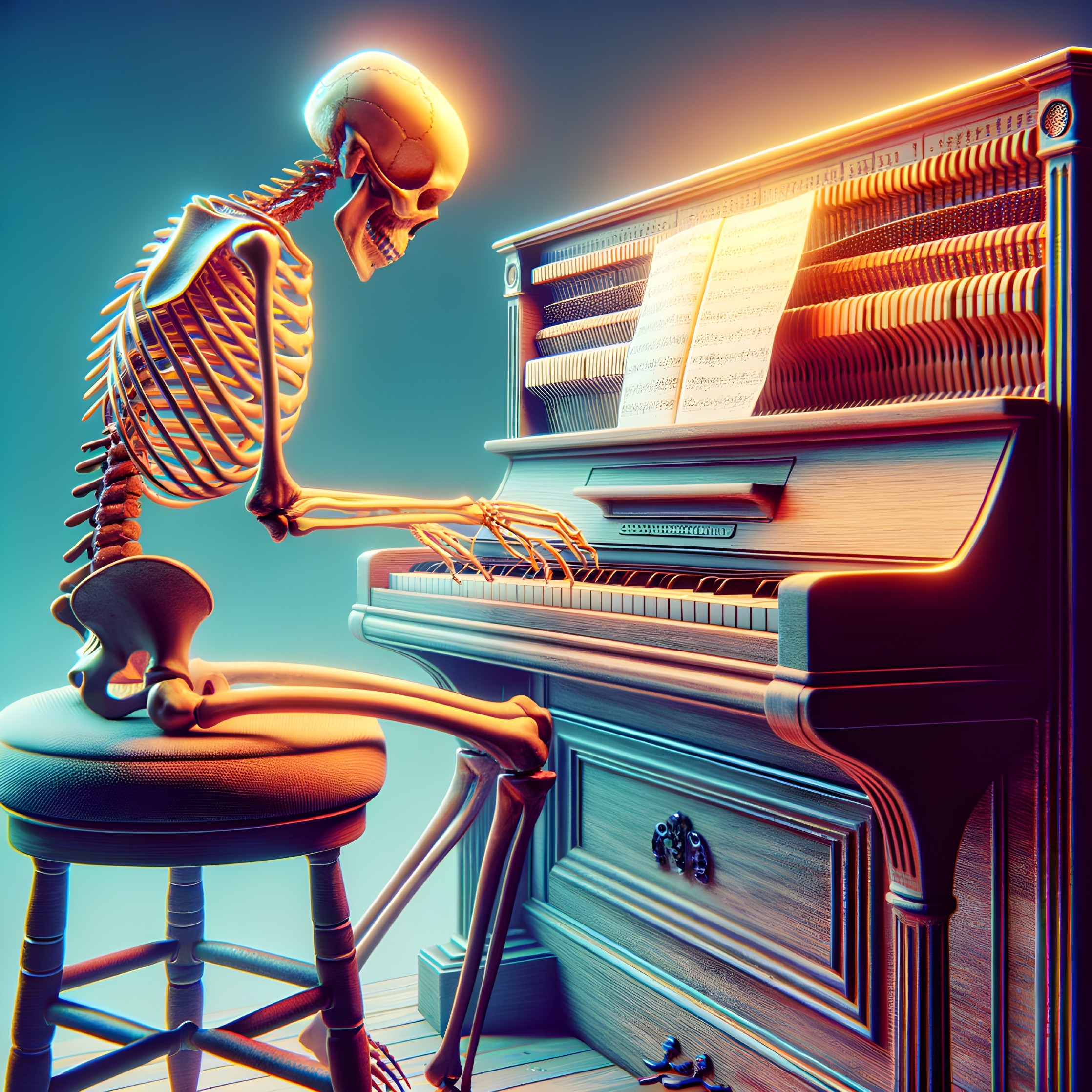 Skeleton playing organ with sheet music in warm light