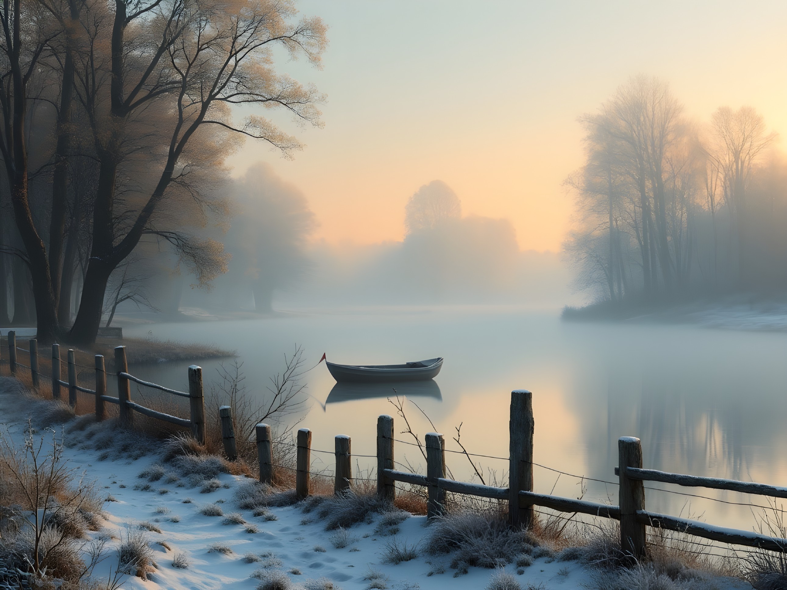 Serene Winter Morning by a Misty River Scene