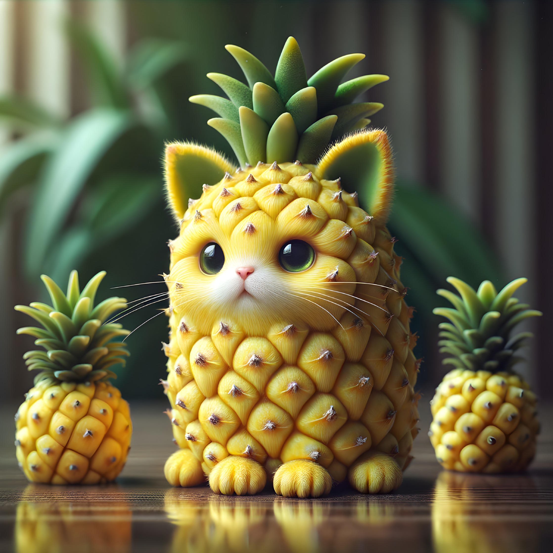 Whimsical Cat-Pineapple Creature in Tropical Setting