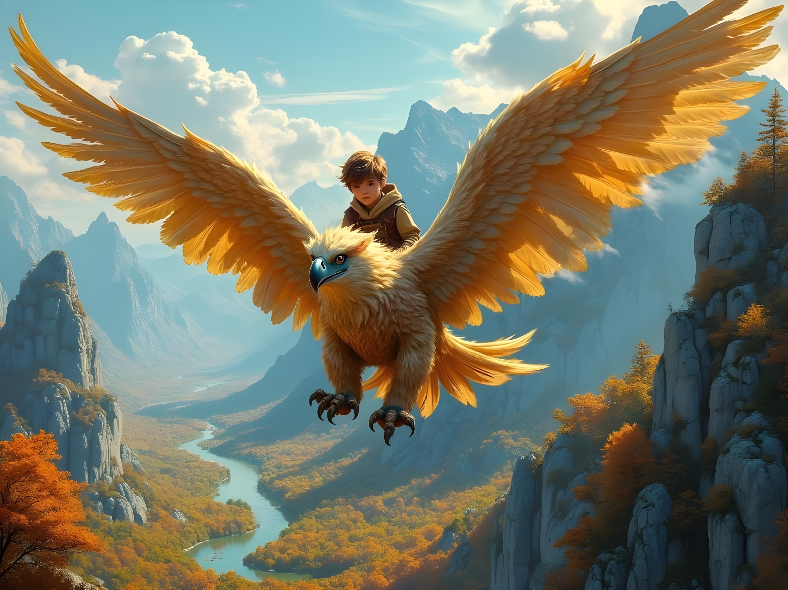 Young Boy Riding a Golden Griffin in Autumn Landscape