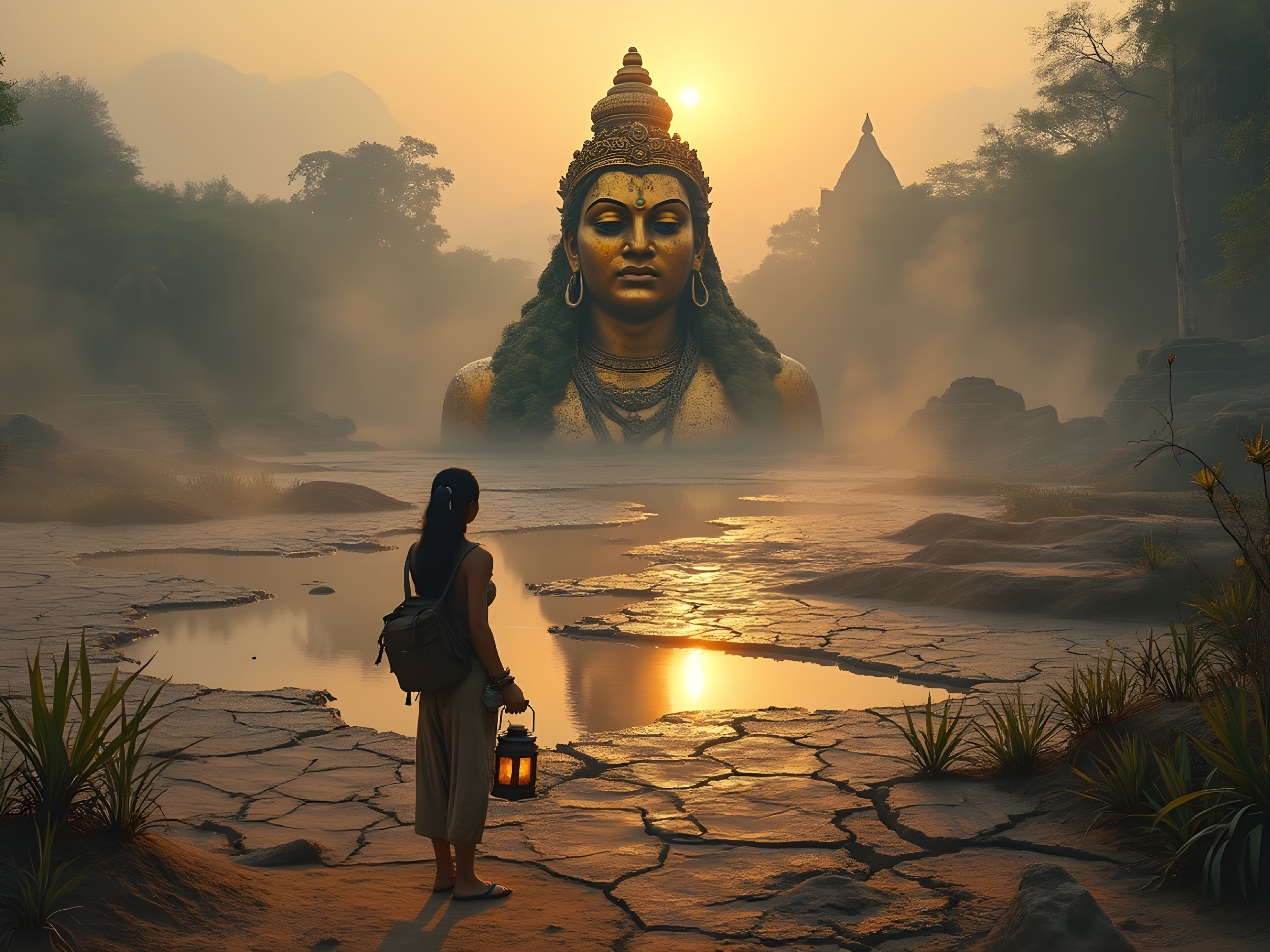Dawn Landscape with Serene Statue and Traveler