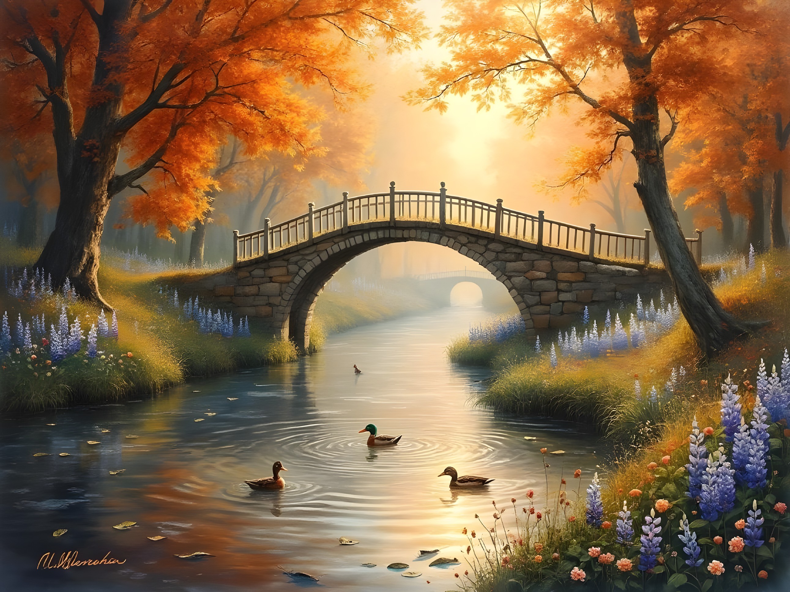 Serene Autumn Landscape with Stone Bridge and River