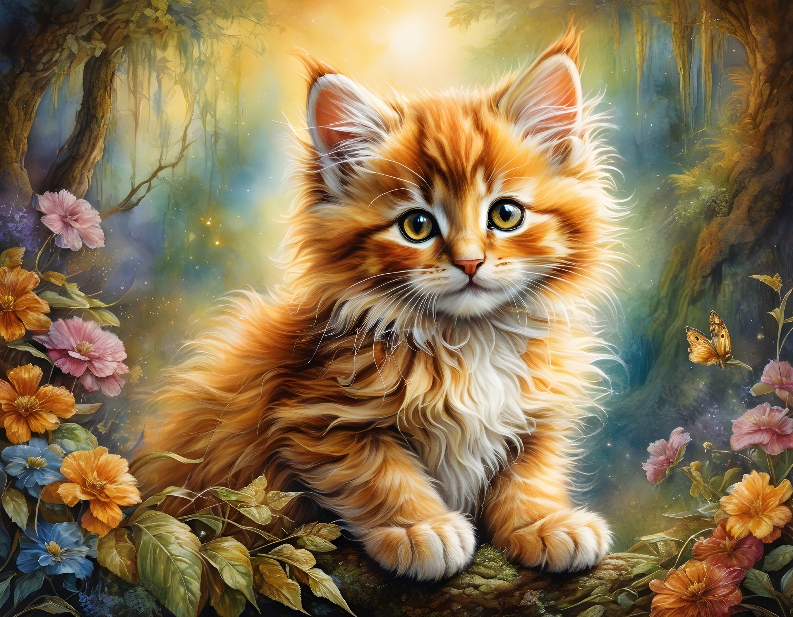 Fluffy Orange Kitten Among Colorful Flowers and Light