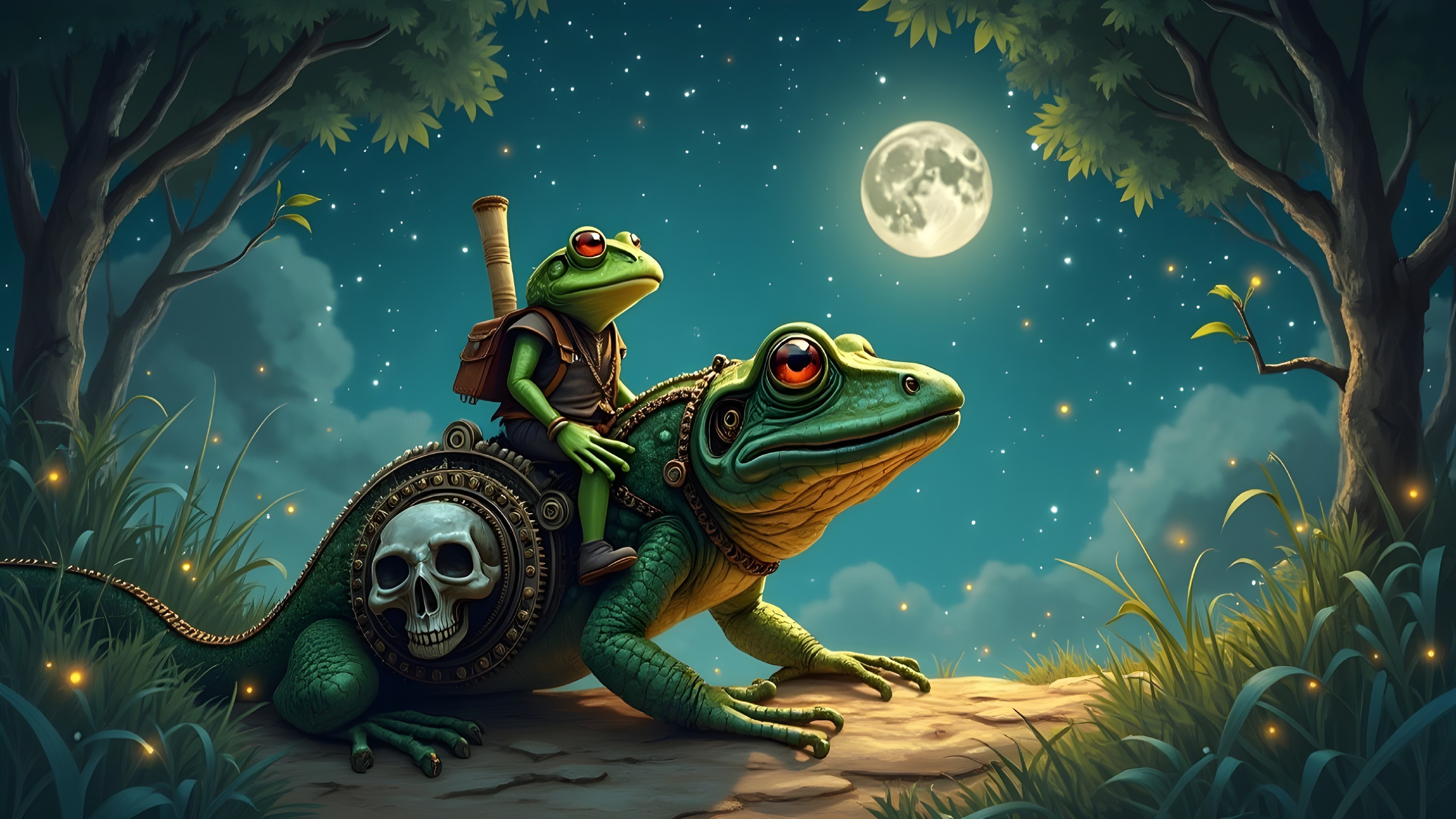 Whimsical Frogs in a Moonlit Adventure Scene