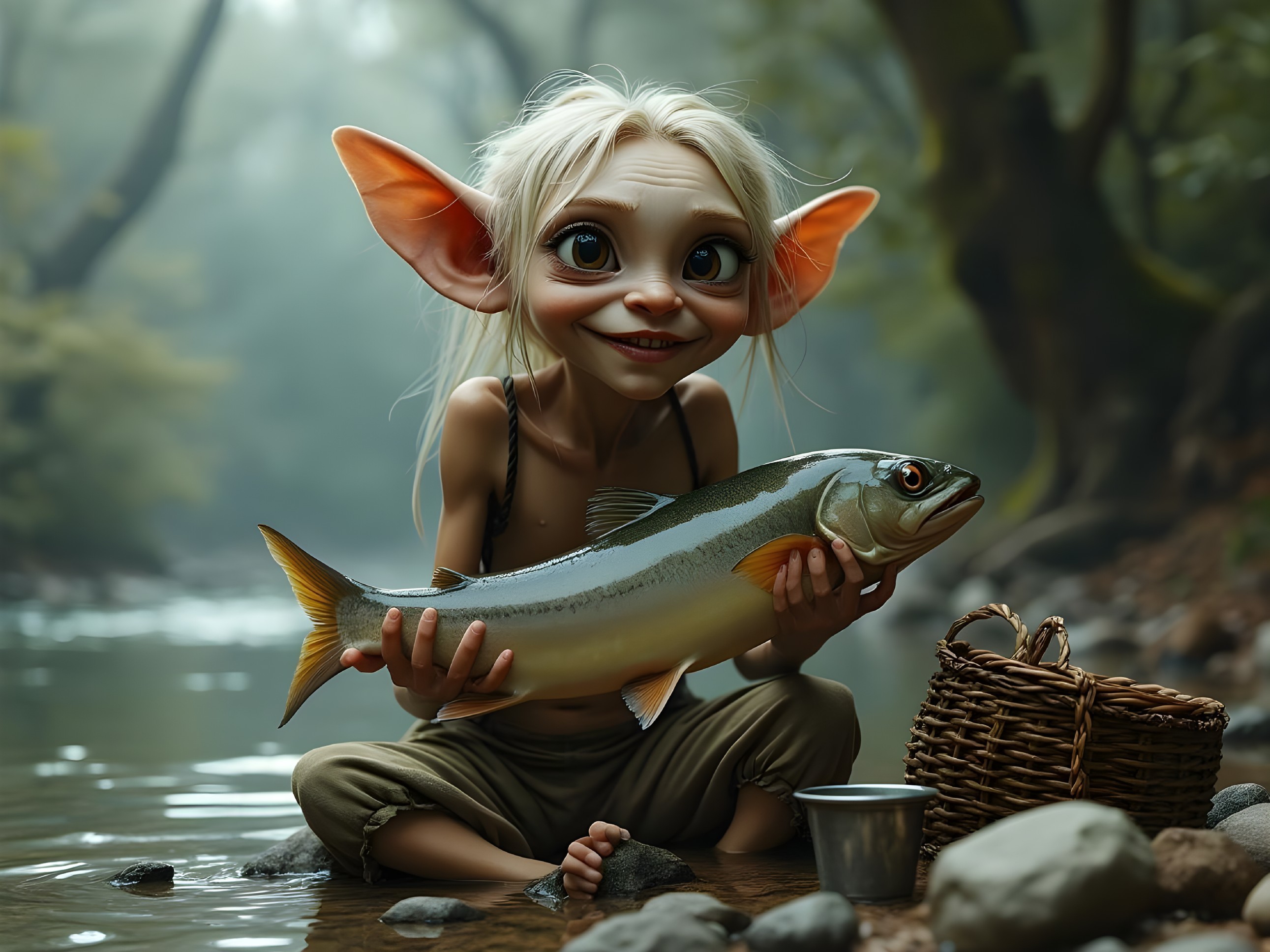 Whimsical Elf Girl Fishing in a Misty Forest Stream