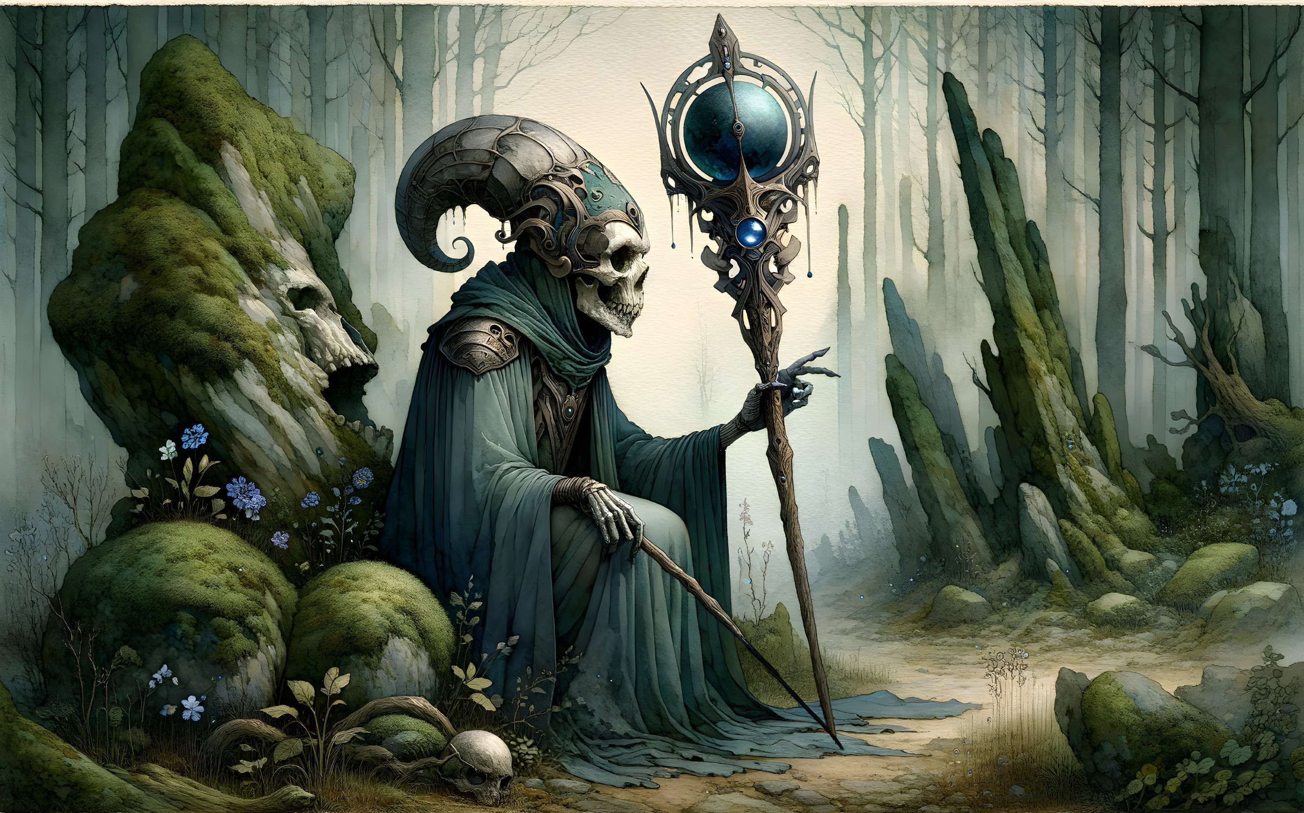 Skeletal Figure in Green Robe in Misty Forest Setting
