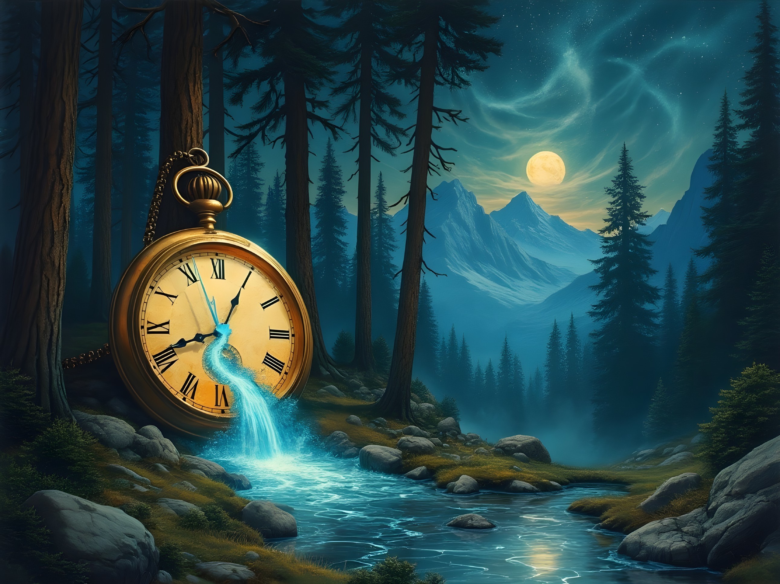 Majestic Night Landscape with Mountains and Pocket Watch