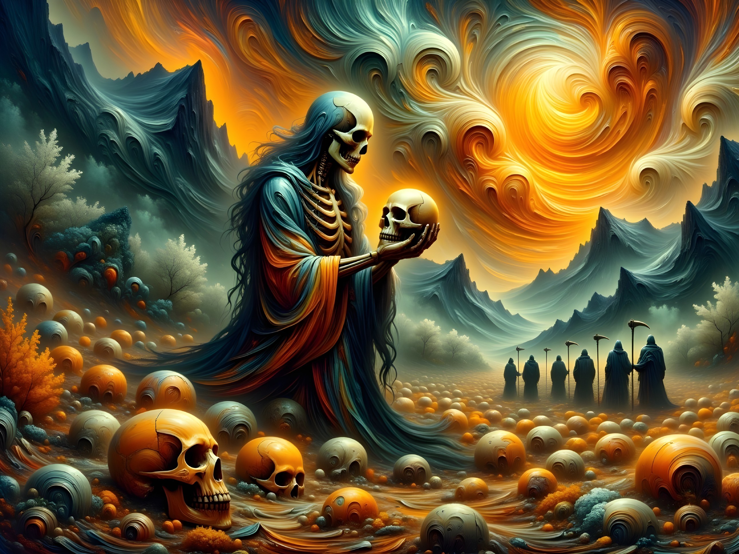 Surreal Landscape with Skeletal Figure and Skulls