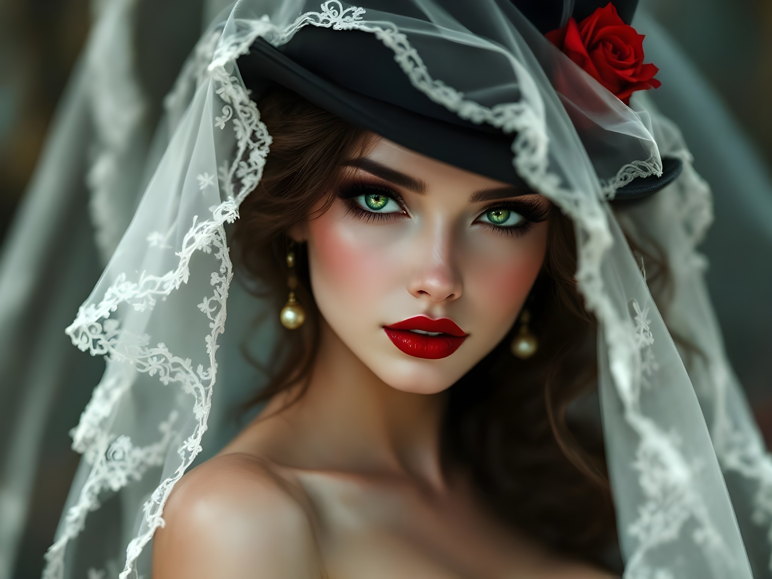 Portrait of a Young Woman with Green Eyes and Hat