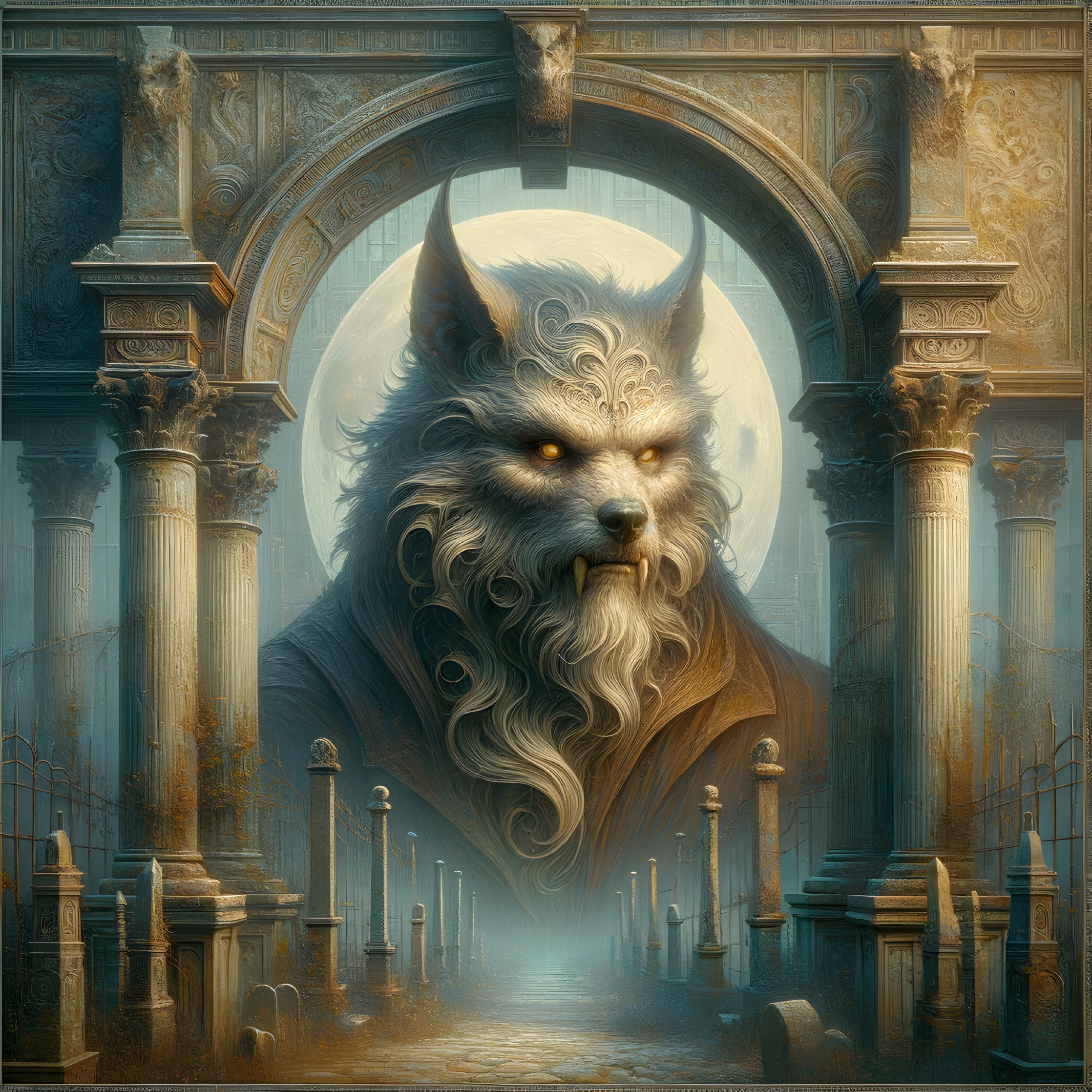 Majestic wolf with human-like features in ancient ruin setting