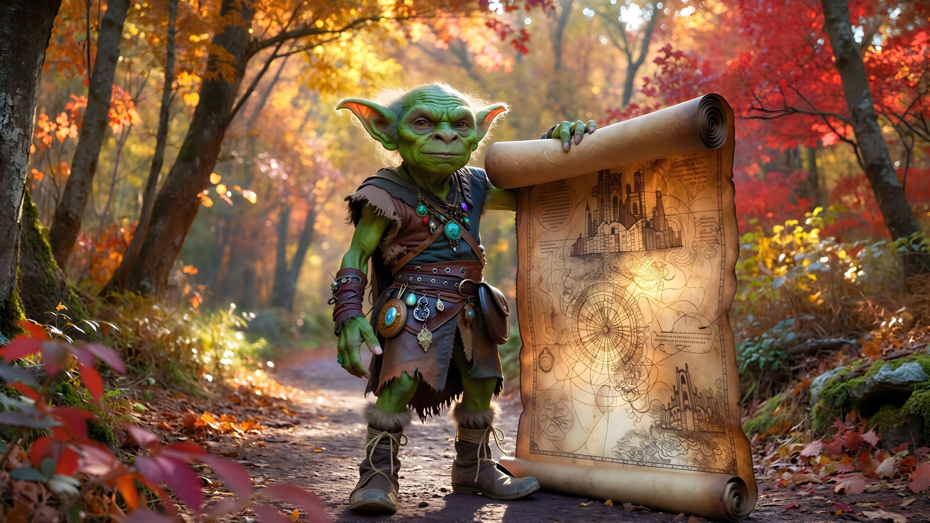 Small Green Creature in Autumn Forest Setting