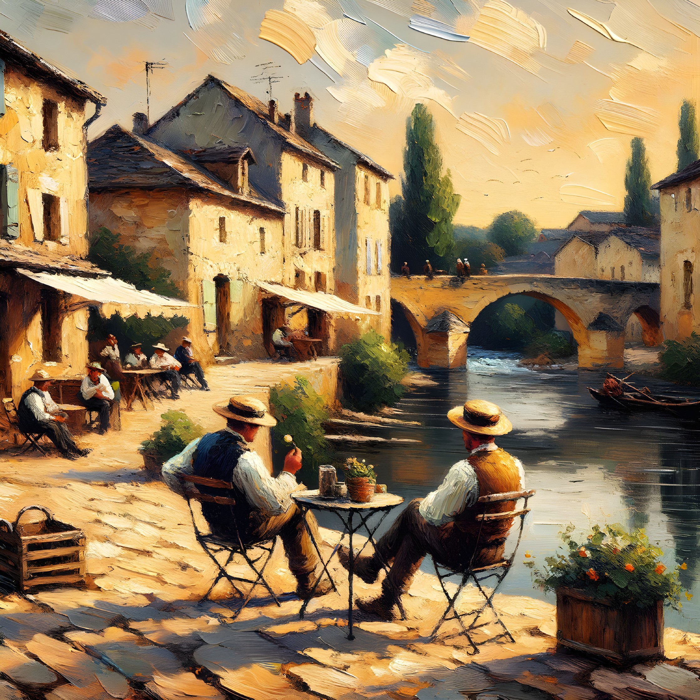 Serene riverside scene in a quaint village at sunset