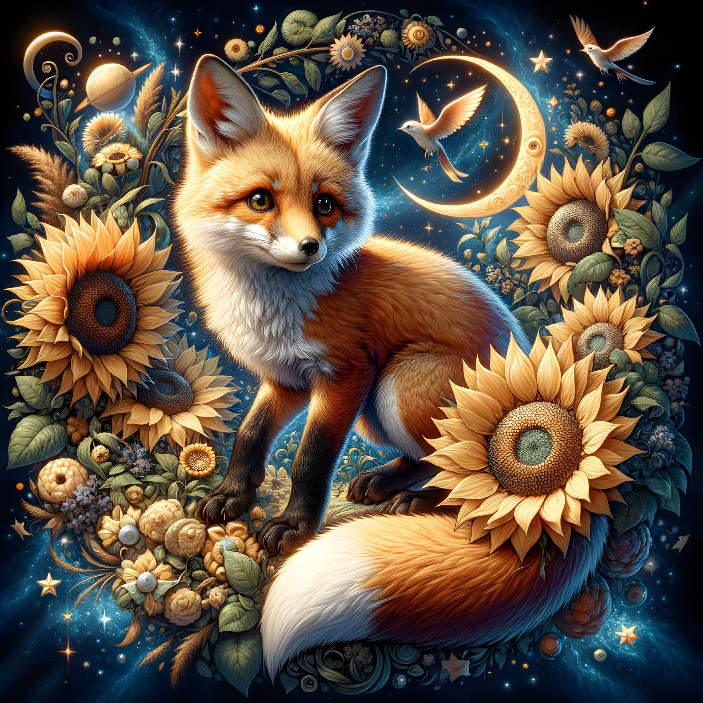 Whimsical fox among sunflowers and celestial elements