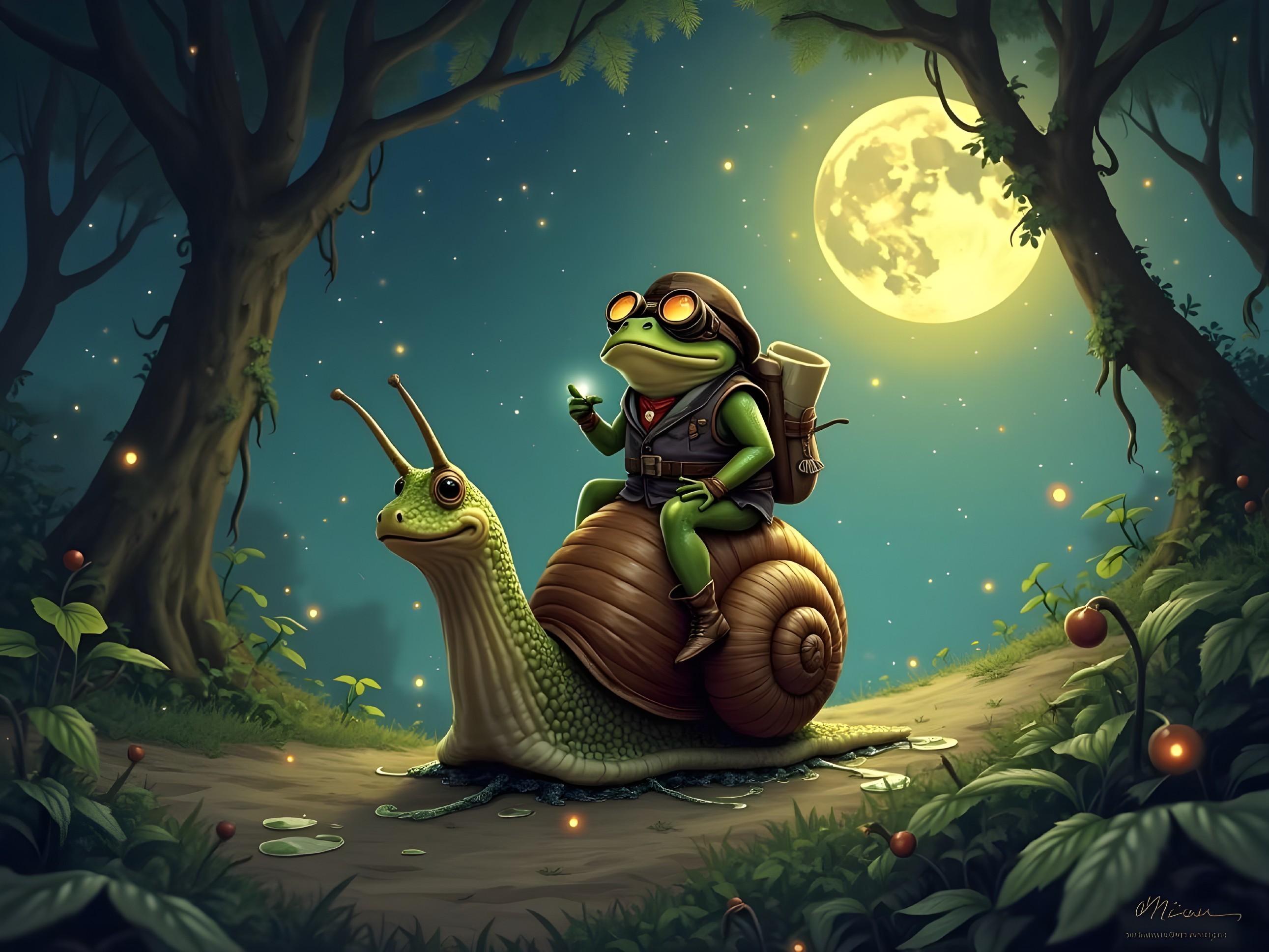 Whimsical Forest Scene with Frog and Snail Companions