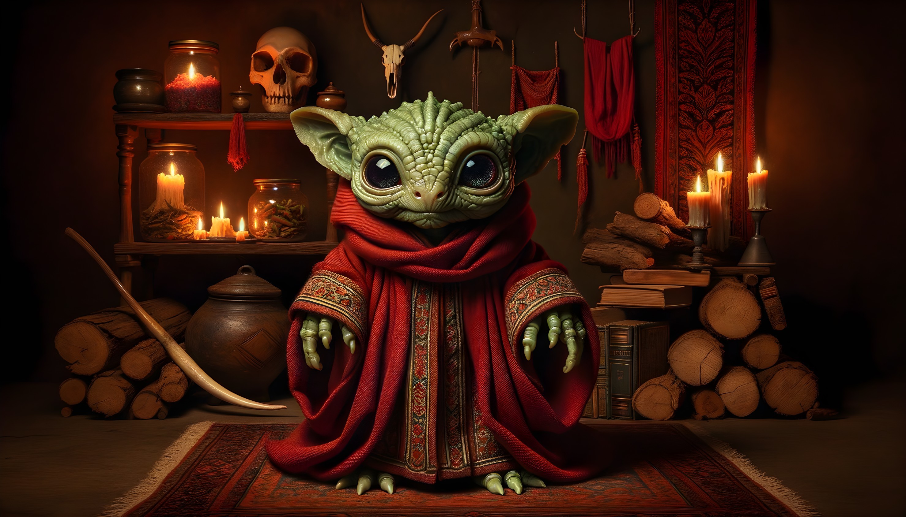 Small Green Creature in Red Robe with Candlelight Glow
