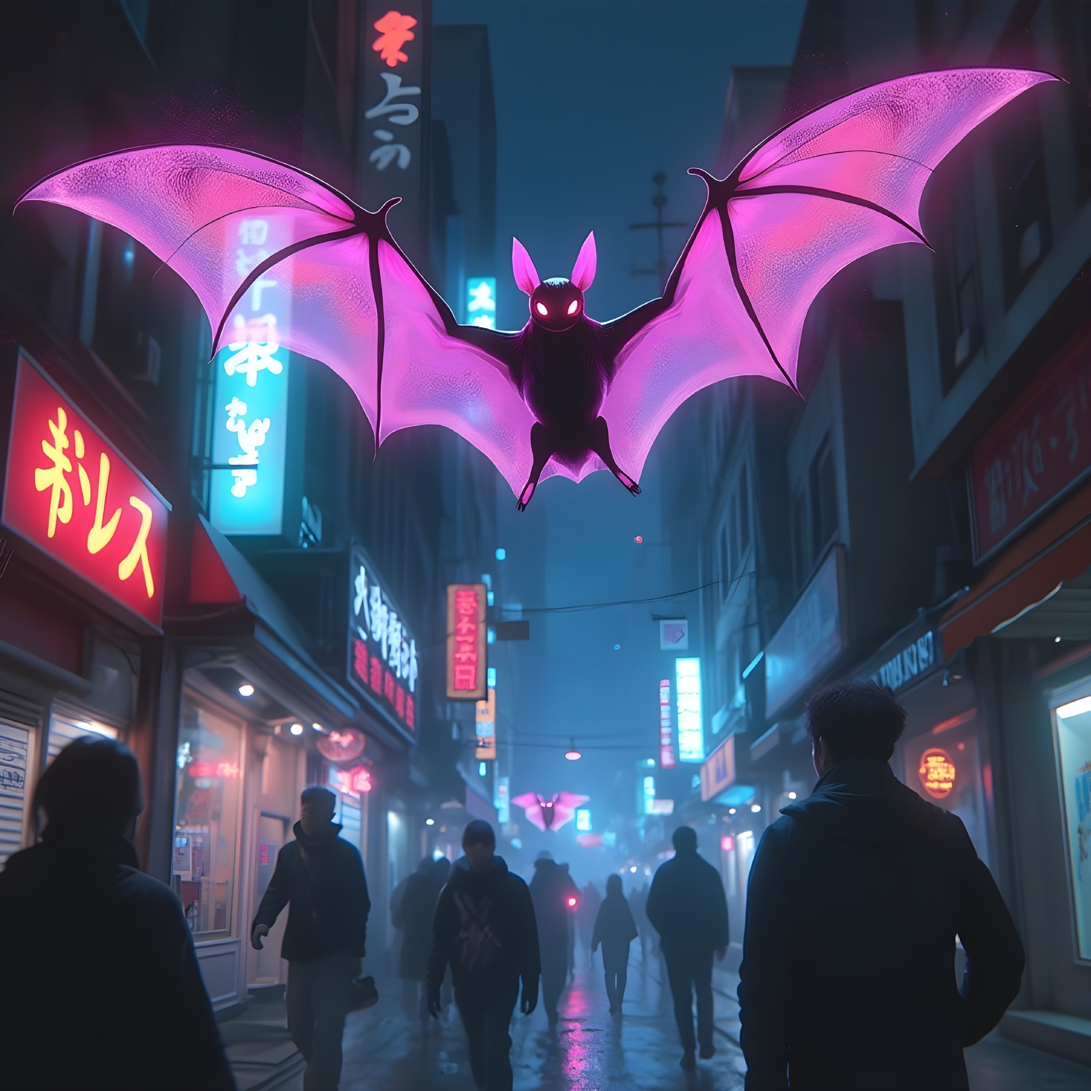 Neon City Scene with Glowing Purple Bat and Silhouettes