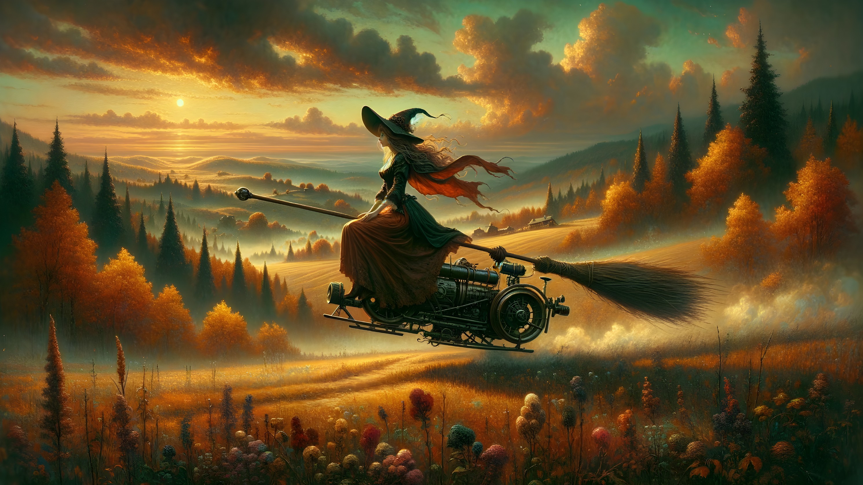 Witch on Mechanical Broomstick in Vibrant Landscape