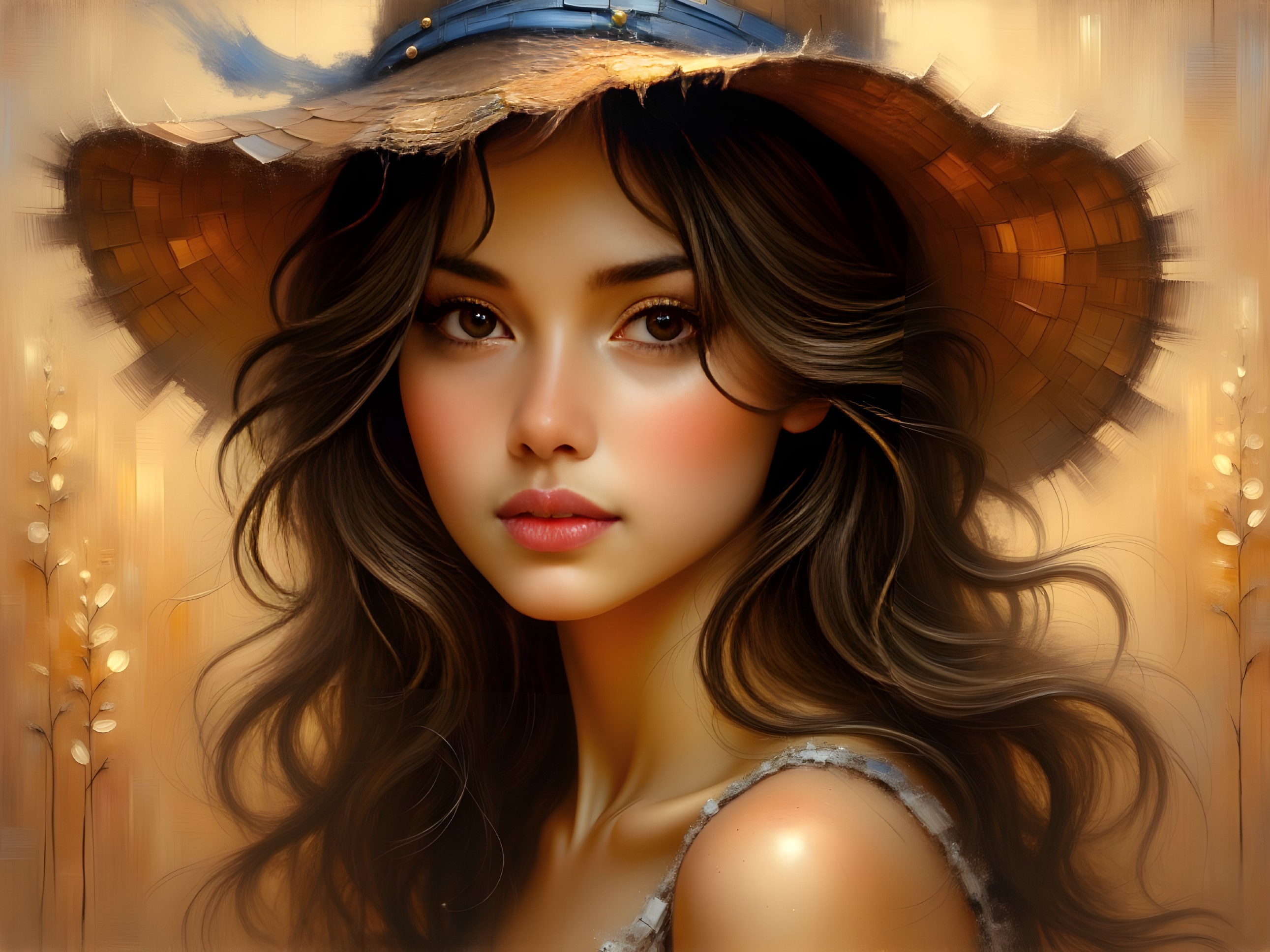Young woman in straw hat with floral background