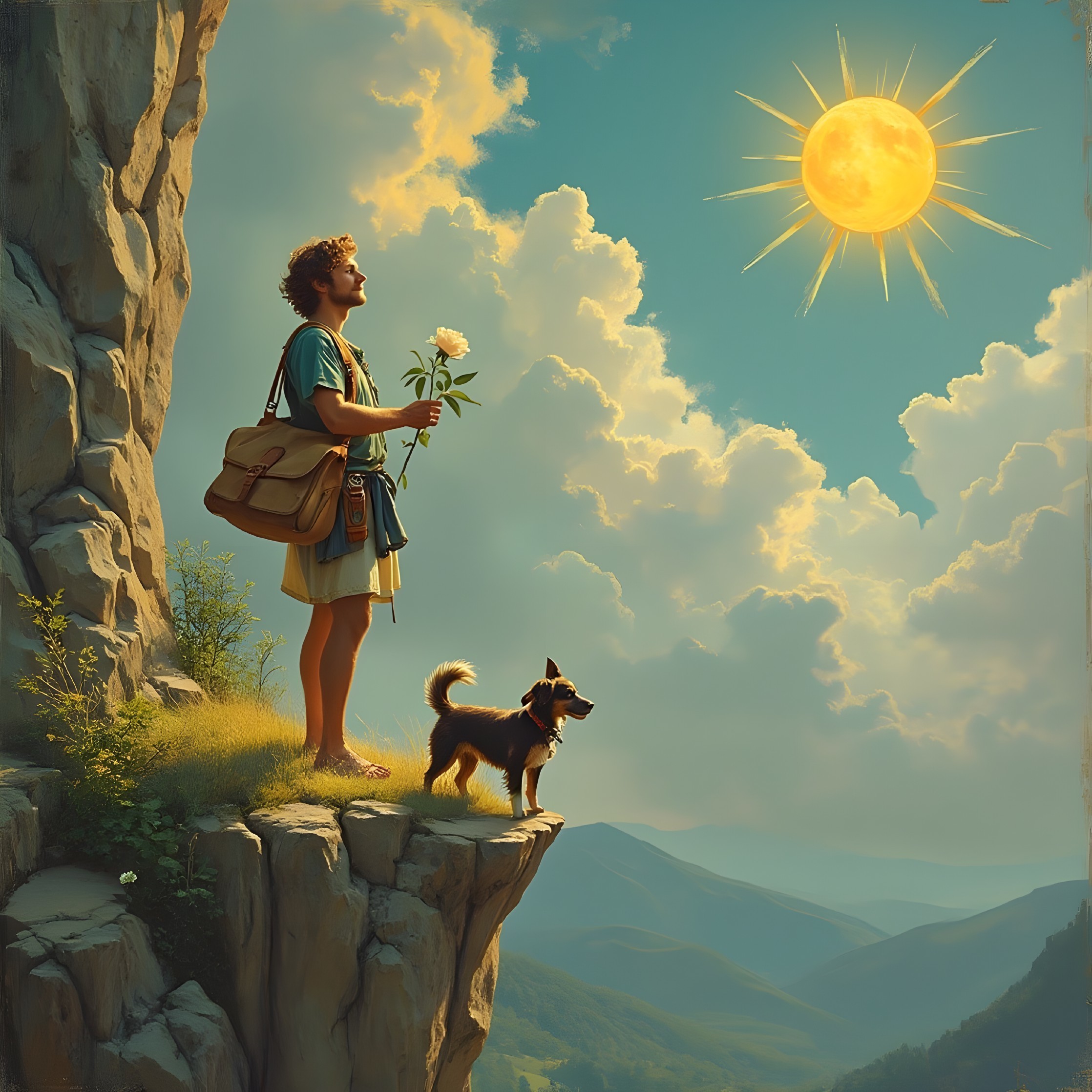 Young man with dog on cliff holding white flower