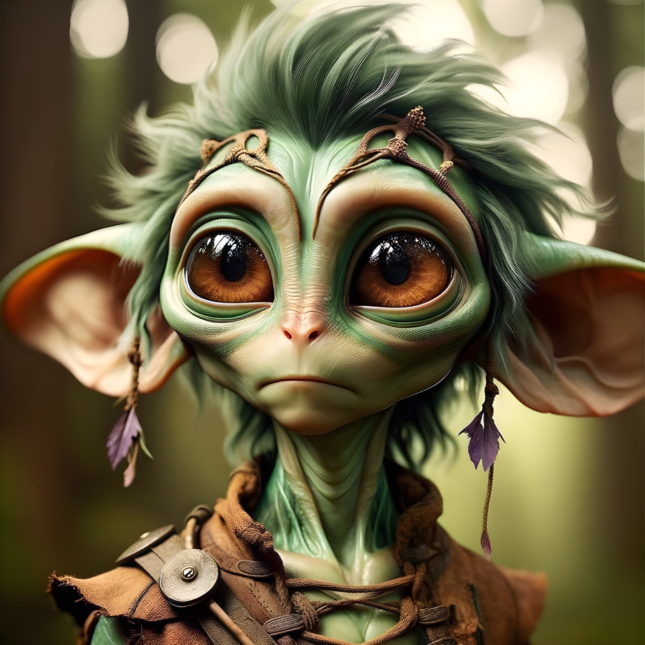 Whimsical Green-Skinned Creature in Lush Forest Setting