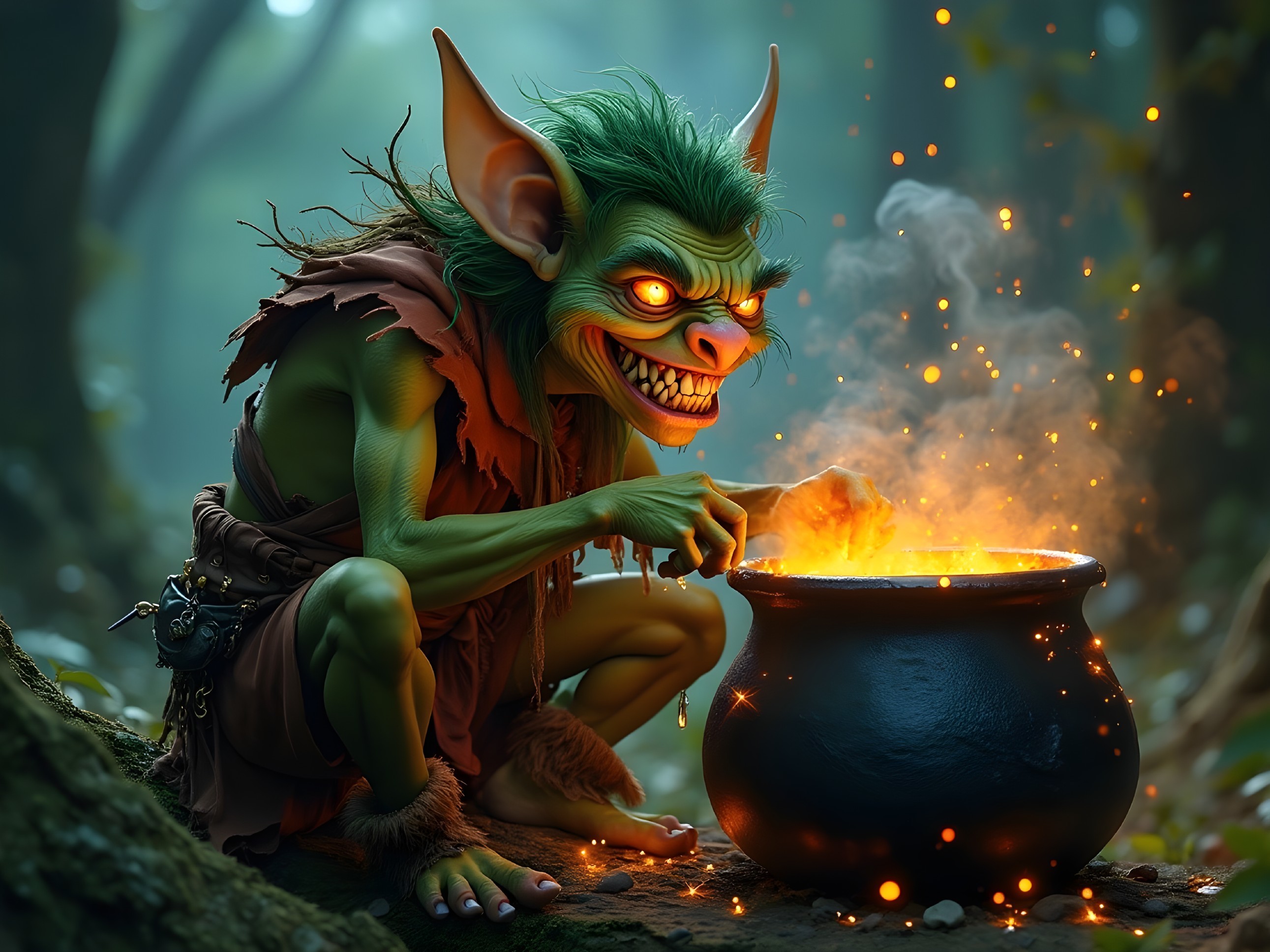 Mischievous Goblin by Bubbling Cauldron in Forest