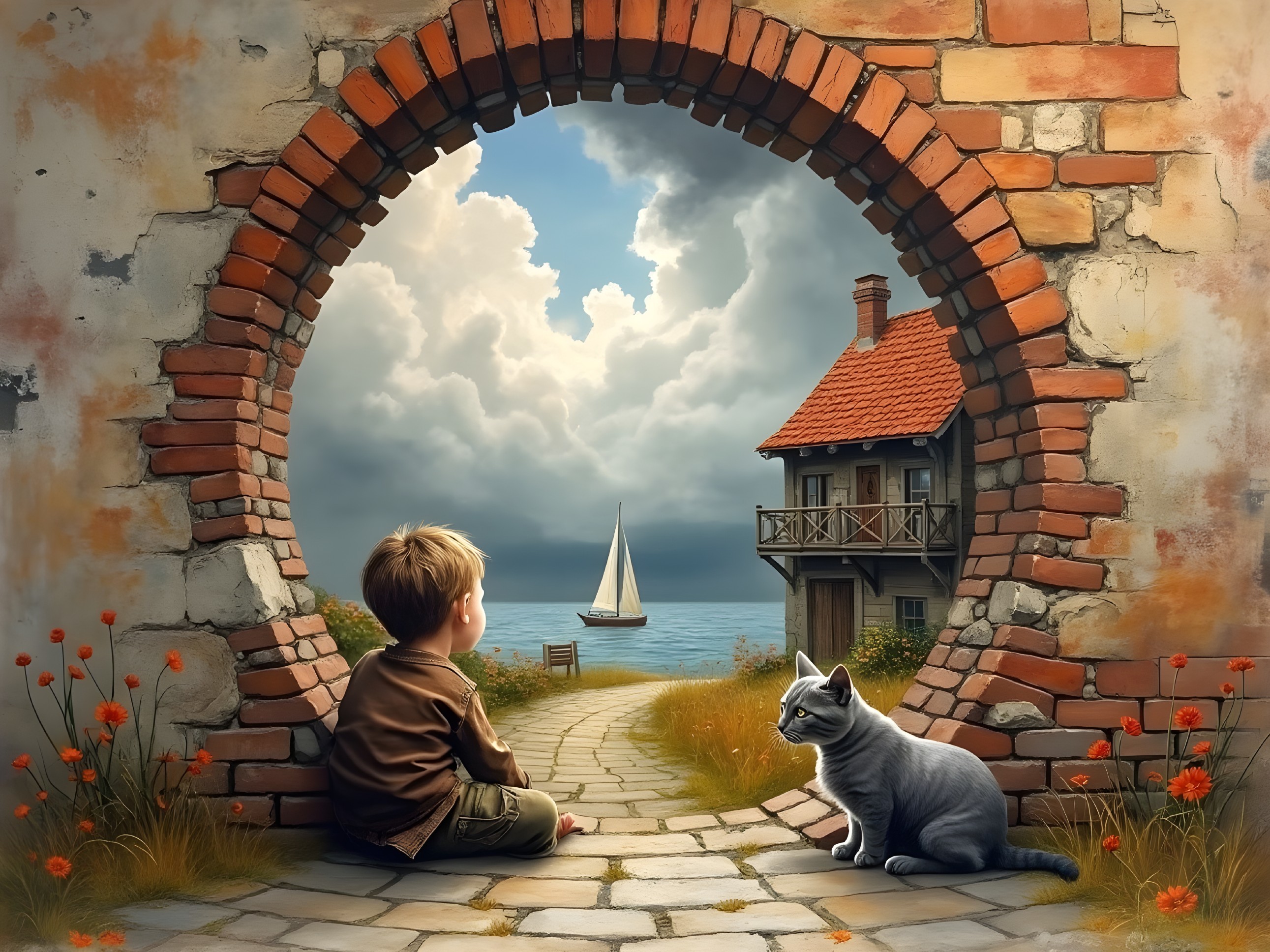 Young Boy and Cat by Archway Overlooking Sea