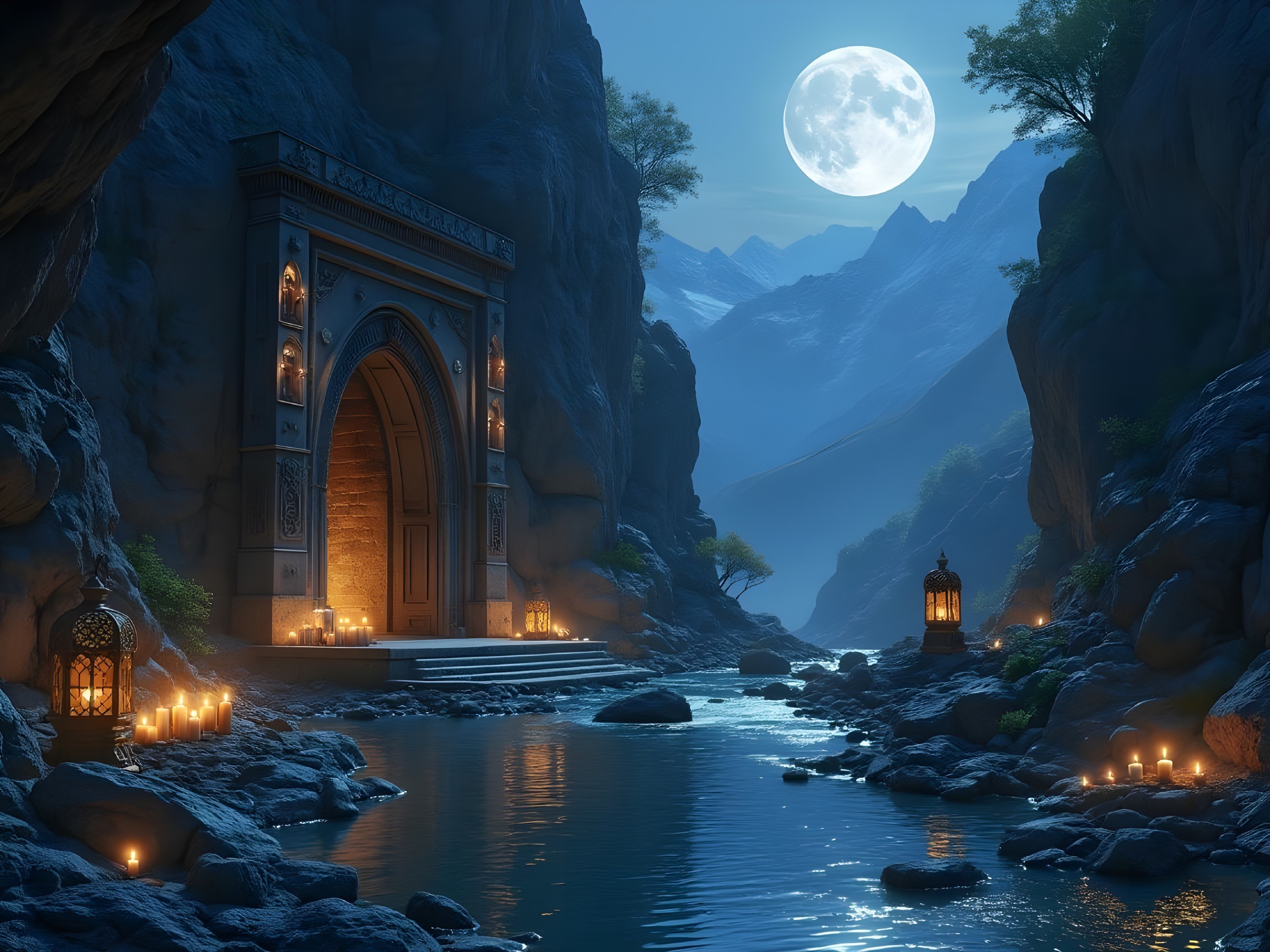 Mystical Landscape with Ornate Archway and River
