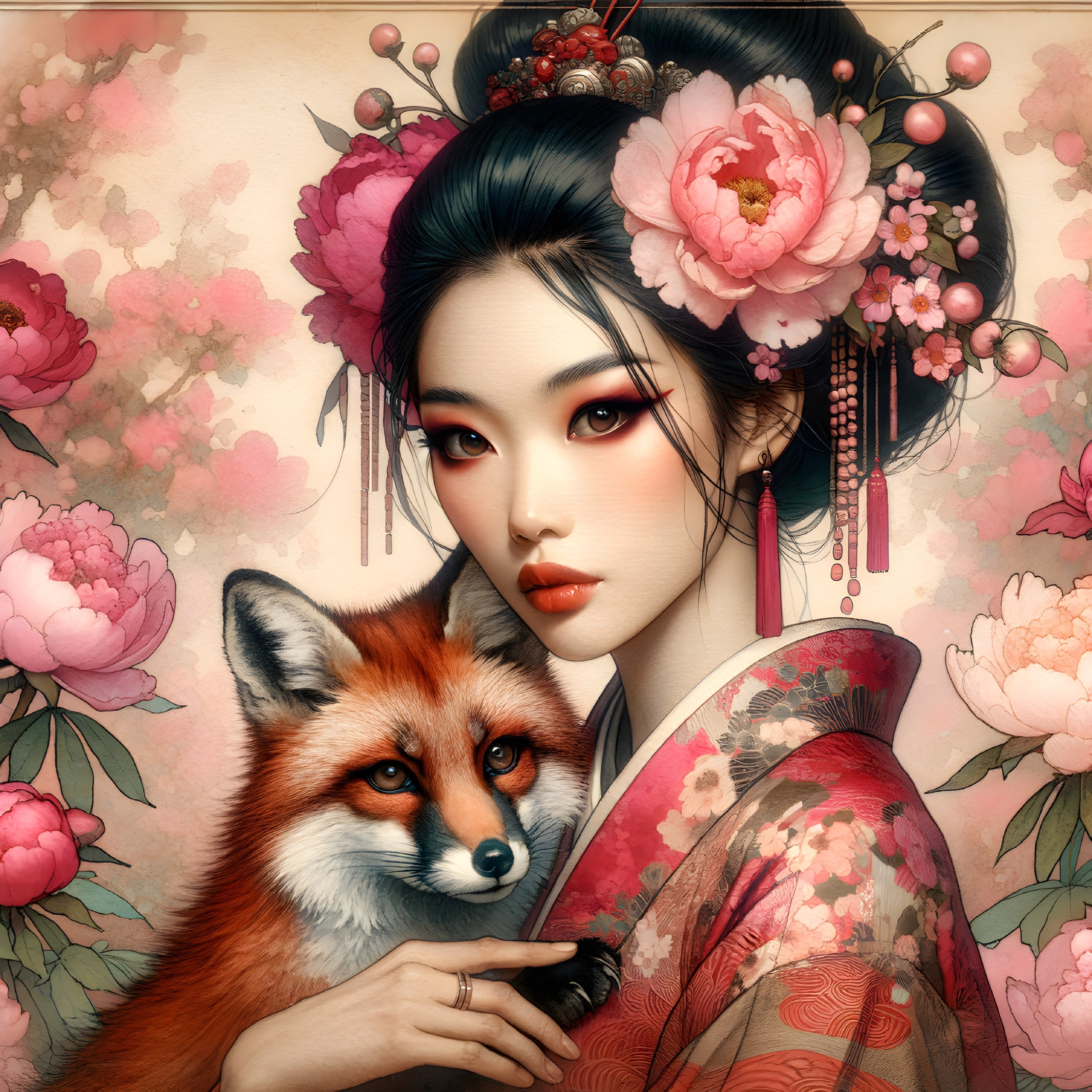 Young Woman in Traditional Kimono with Fox and Flowers