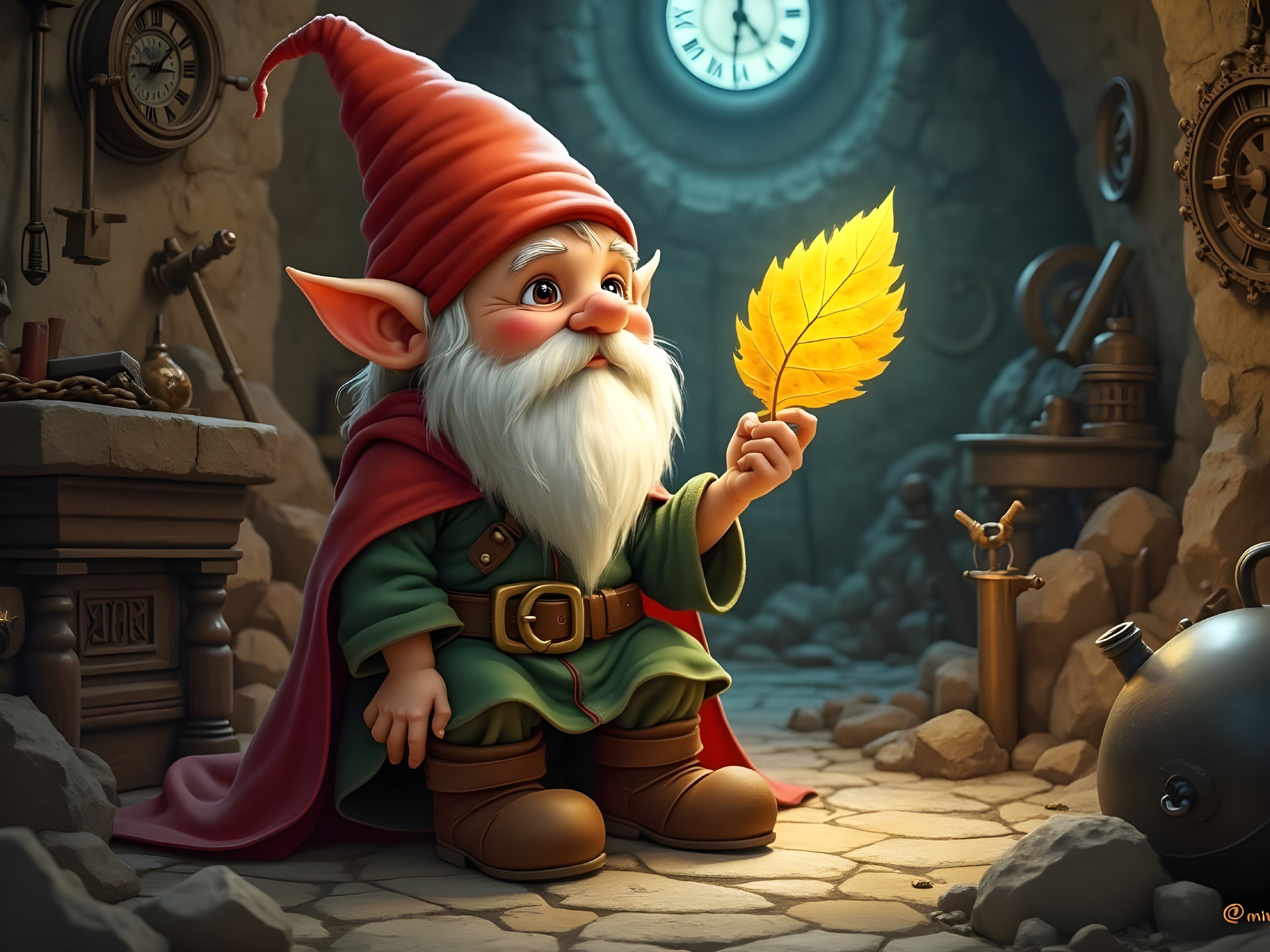 Gnome in Workshop Holding Yellow Leaf with Clock Ticking