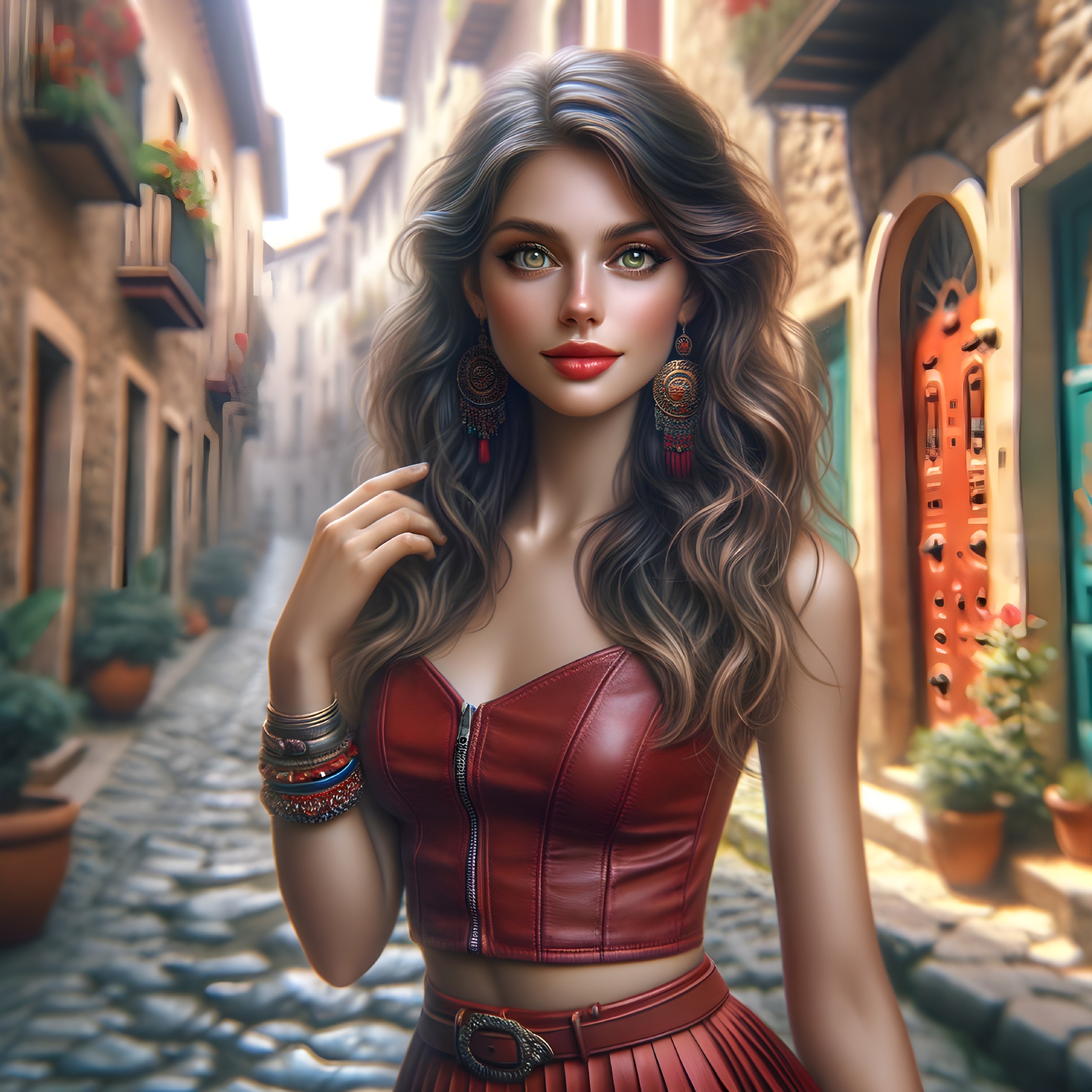 Young Woman in Stylish Outfit in Cobblestone Alley