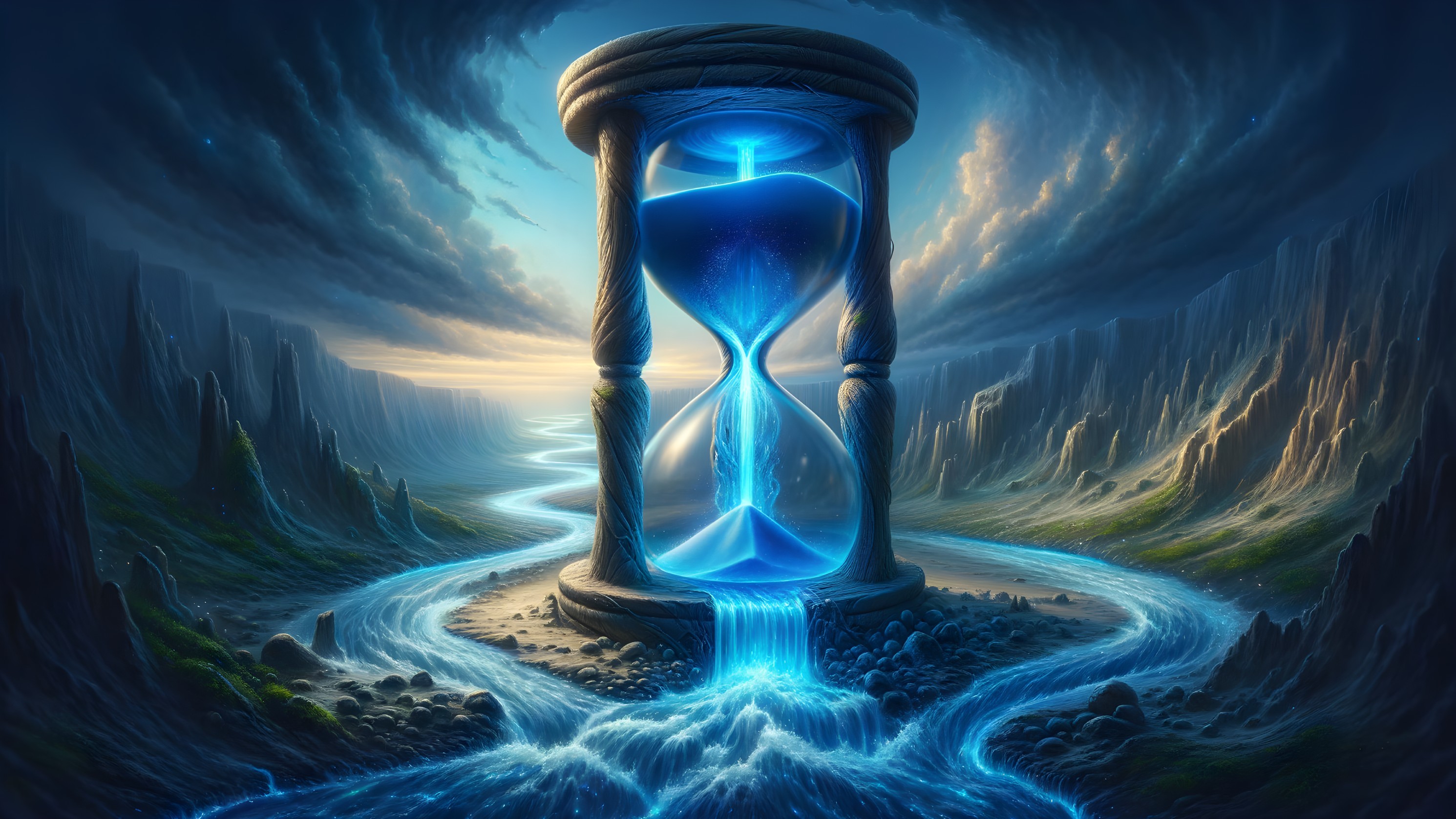 Mystical Landscape with Glowing Hourglass and Waterfall