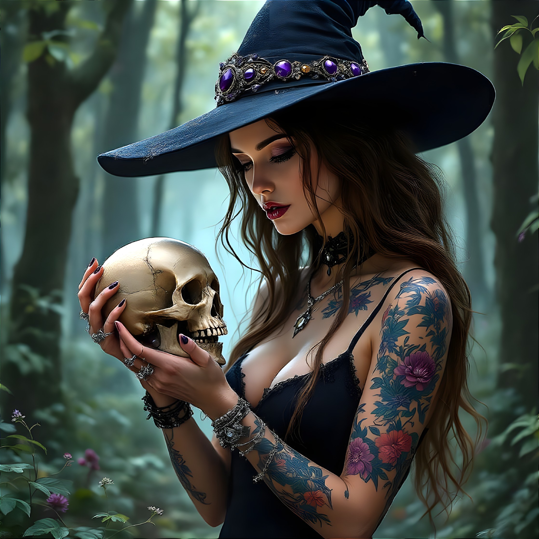 Witch in Mystical Forest Holding Golden Skull
