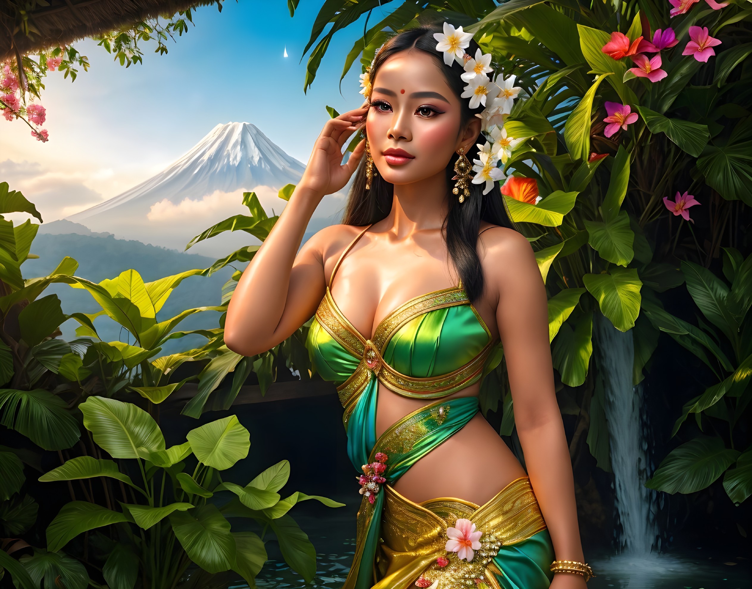 Illustrated female figure in floral hairpiece, green & gold dress, with mountain landscape.