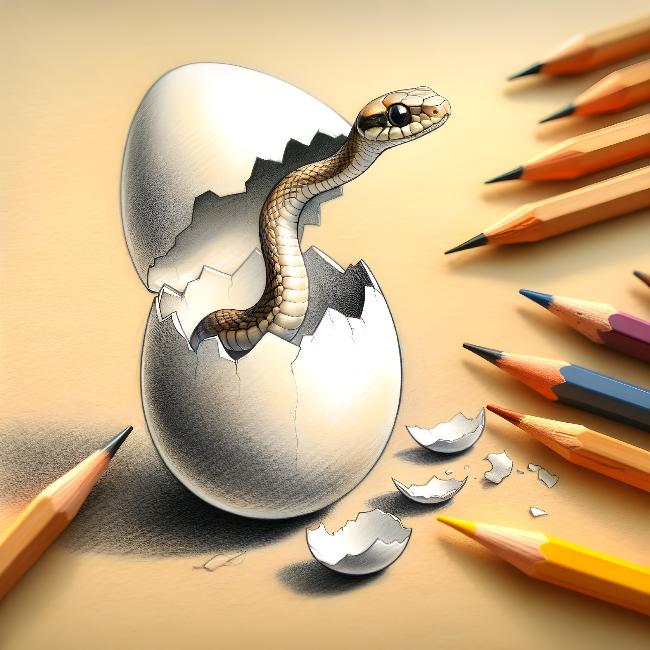 Snake Emerging from Cracked Eggshell with Pencils