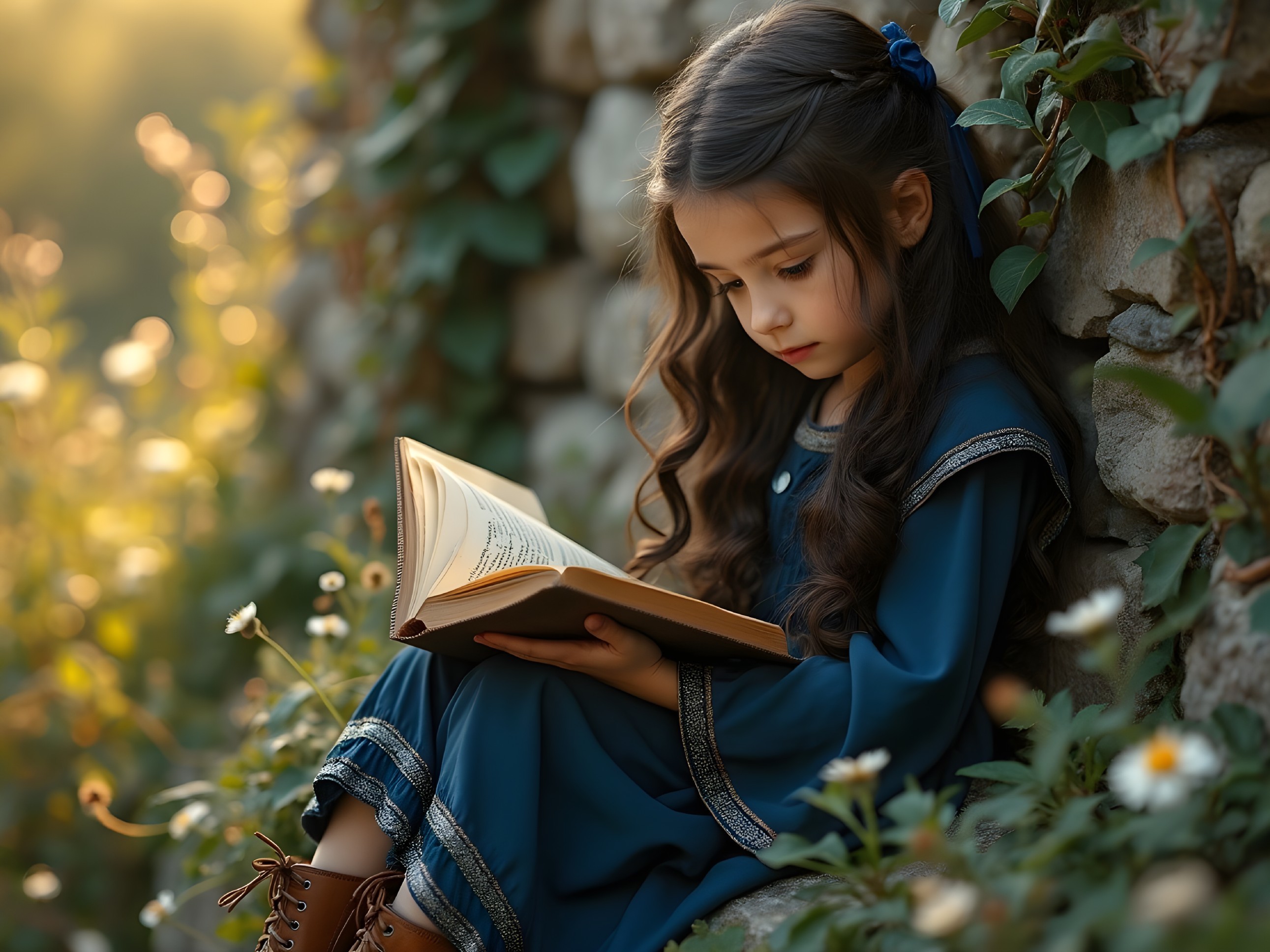 Young girl reading by a stone wall at sunset