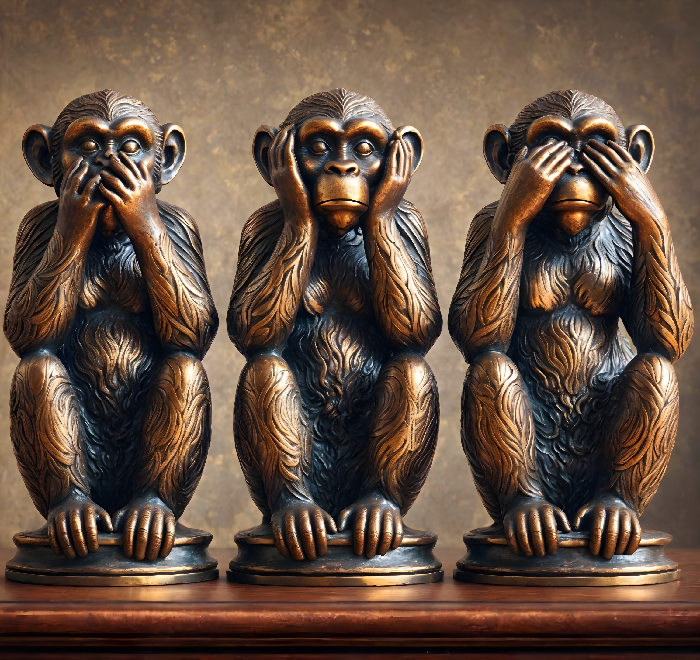 Bronze sculptures of three wise monkeys in iconic pose