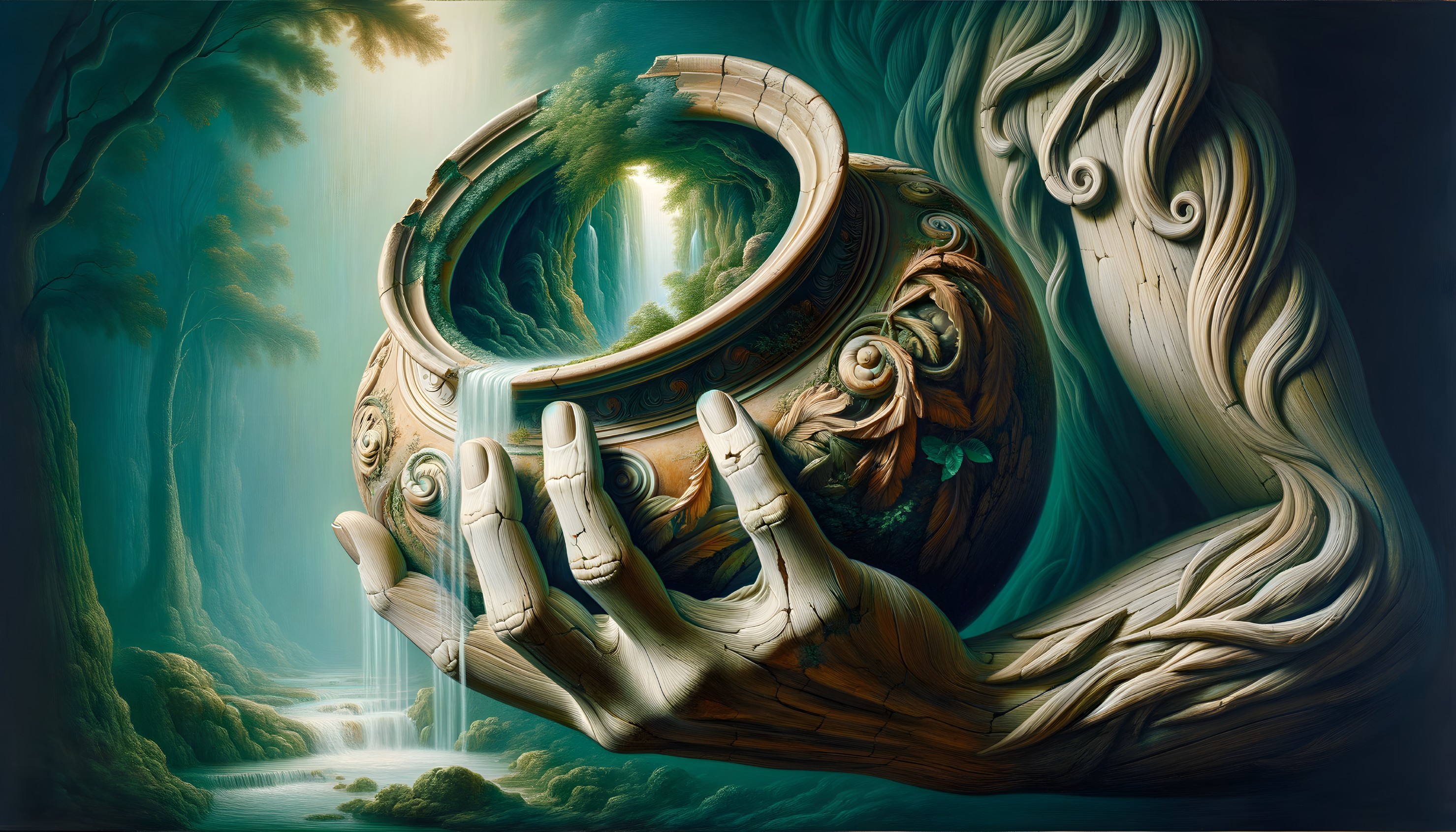 Surreal Scene of a Giant Hand Holding a Pot
