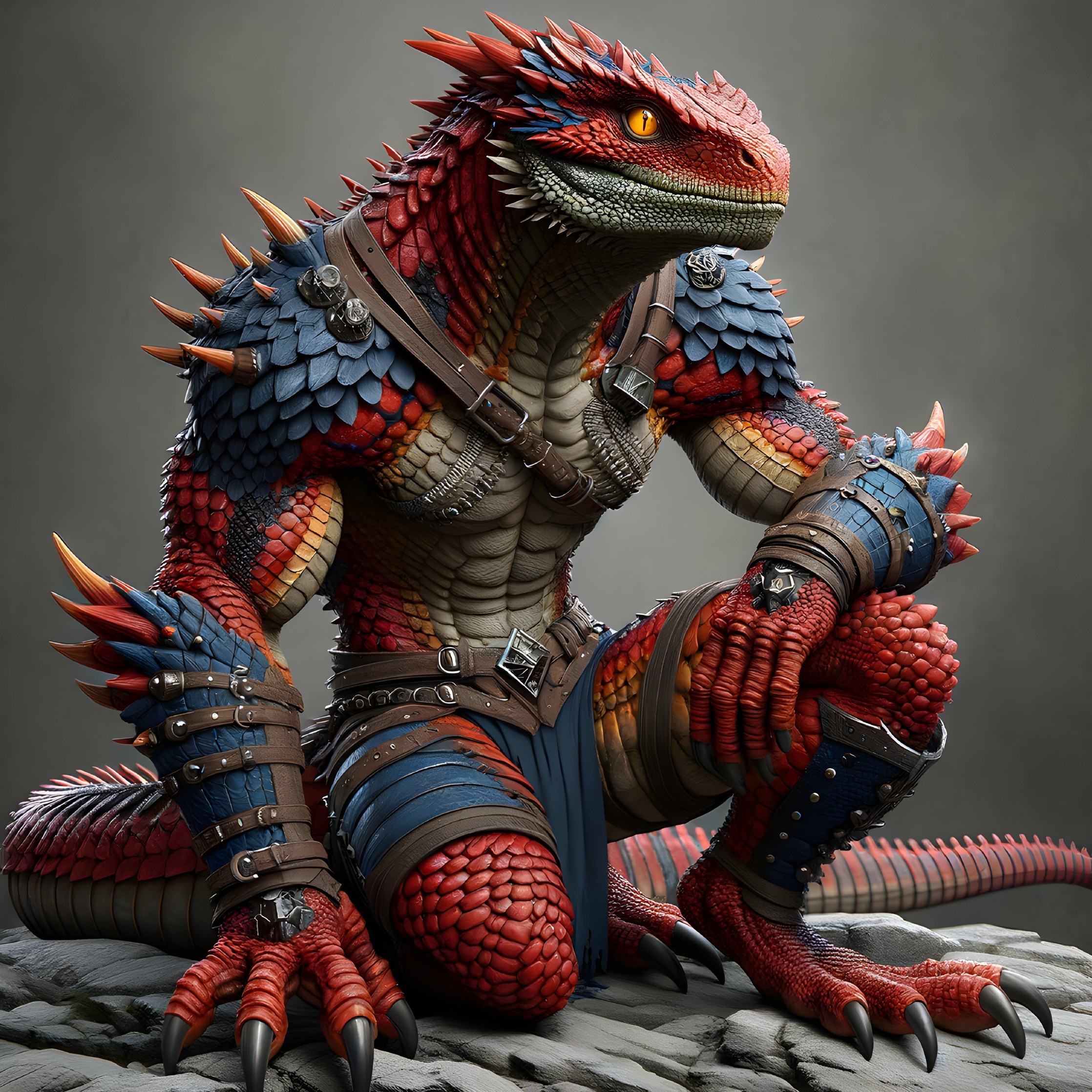 Humanoid Lizard Creature with Vibrant Scales and Armor