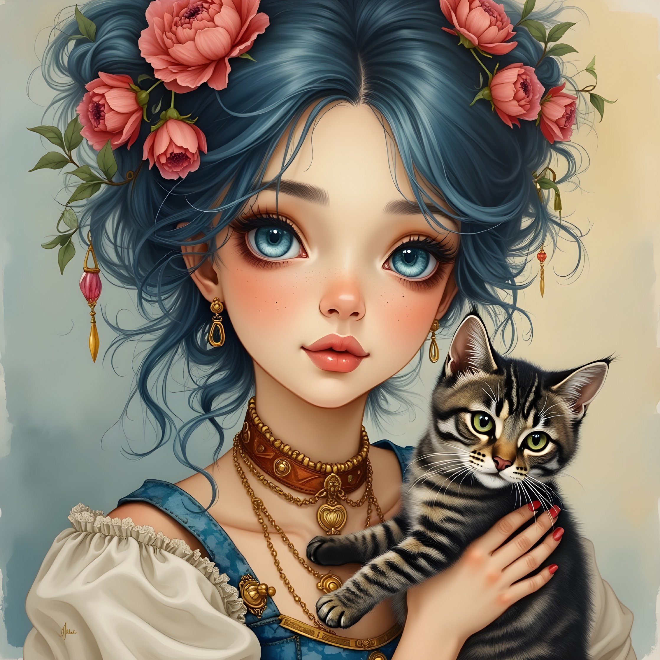 Young girl with blue hair holding a striped kitten