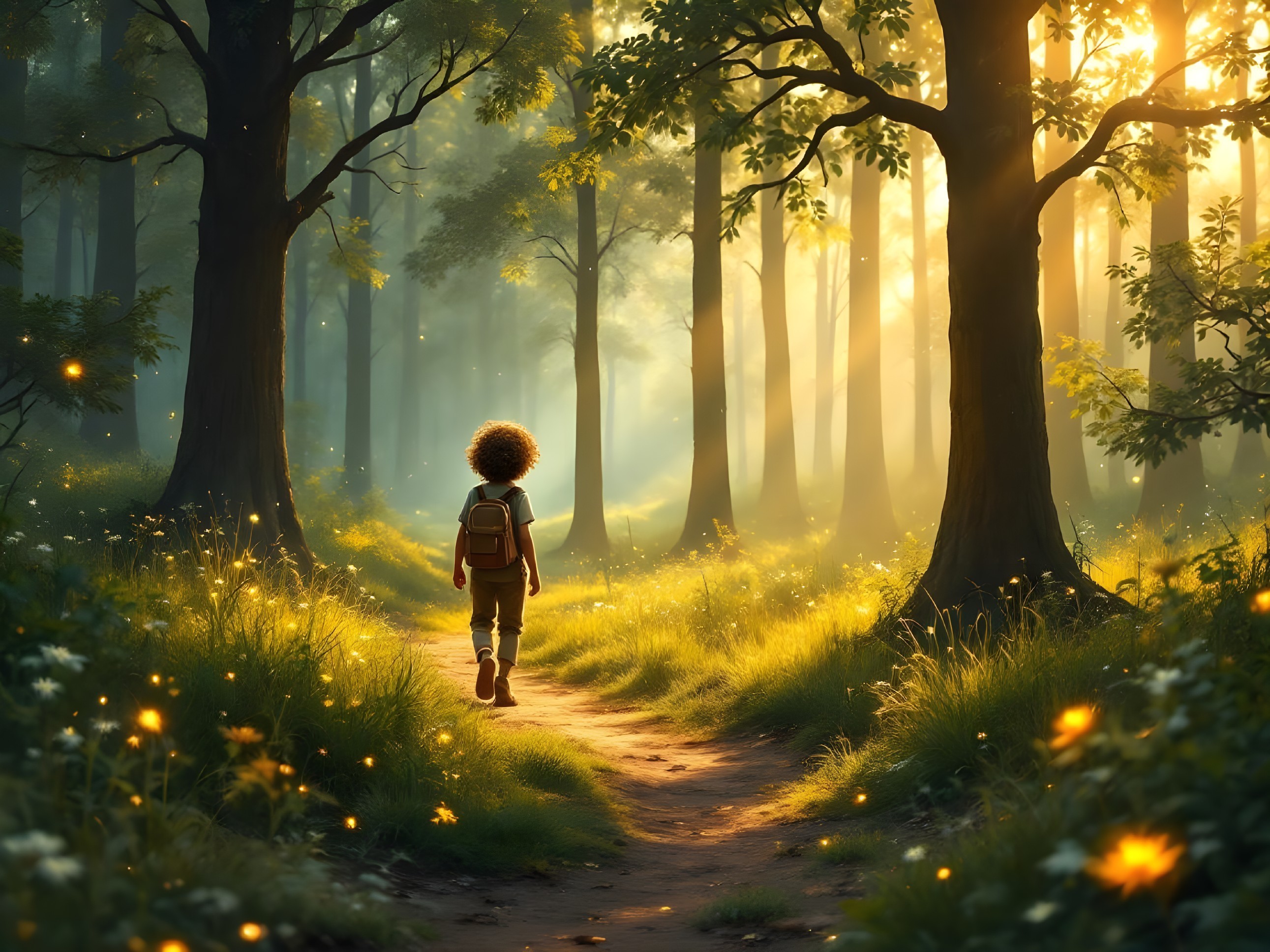 Child Walking on a Forest Path with Fireflies and Flowers