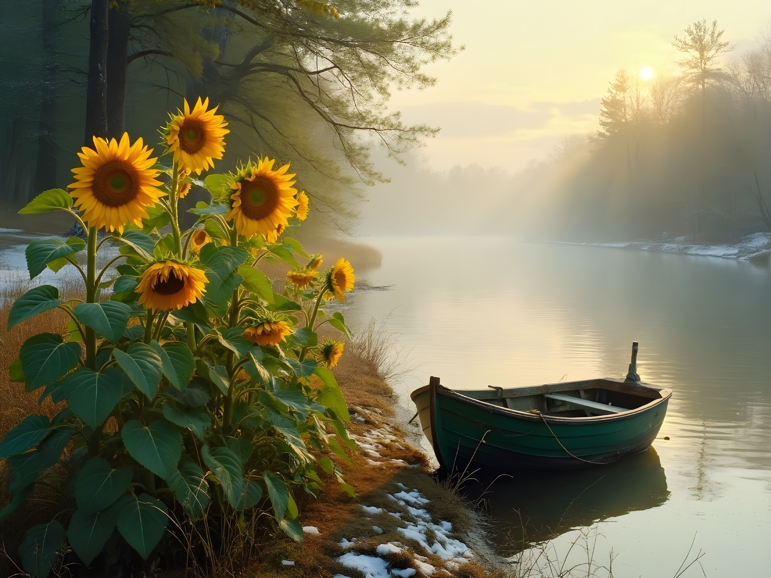 Tranquil River Scene at Dawn with Sunflowers and Boat