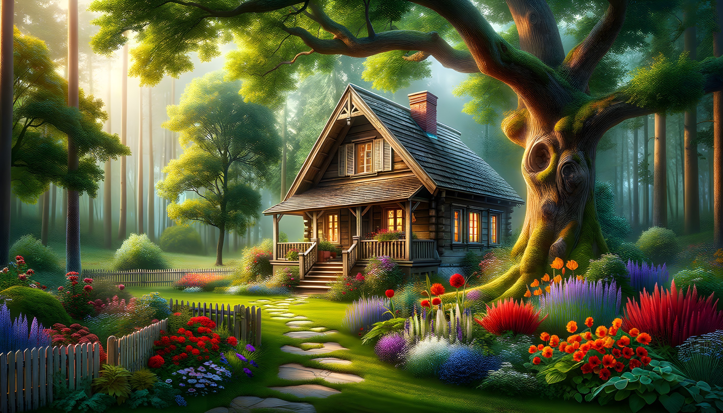 Wooden cottage in a vibrant forest with blooming garden