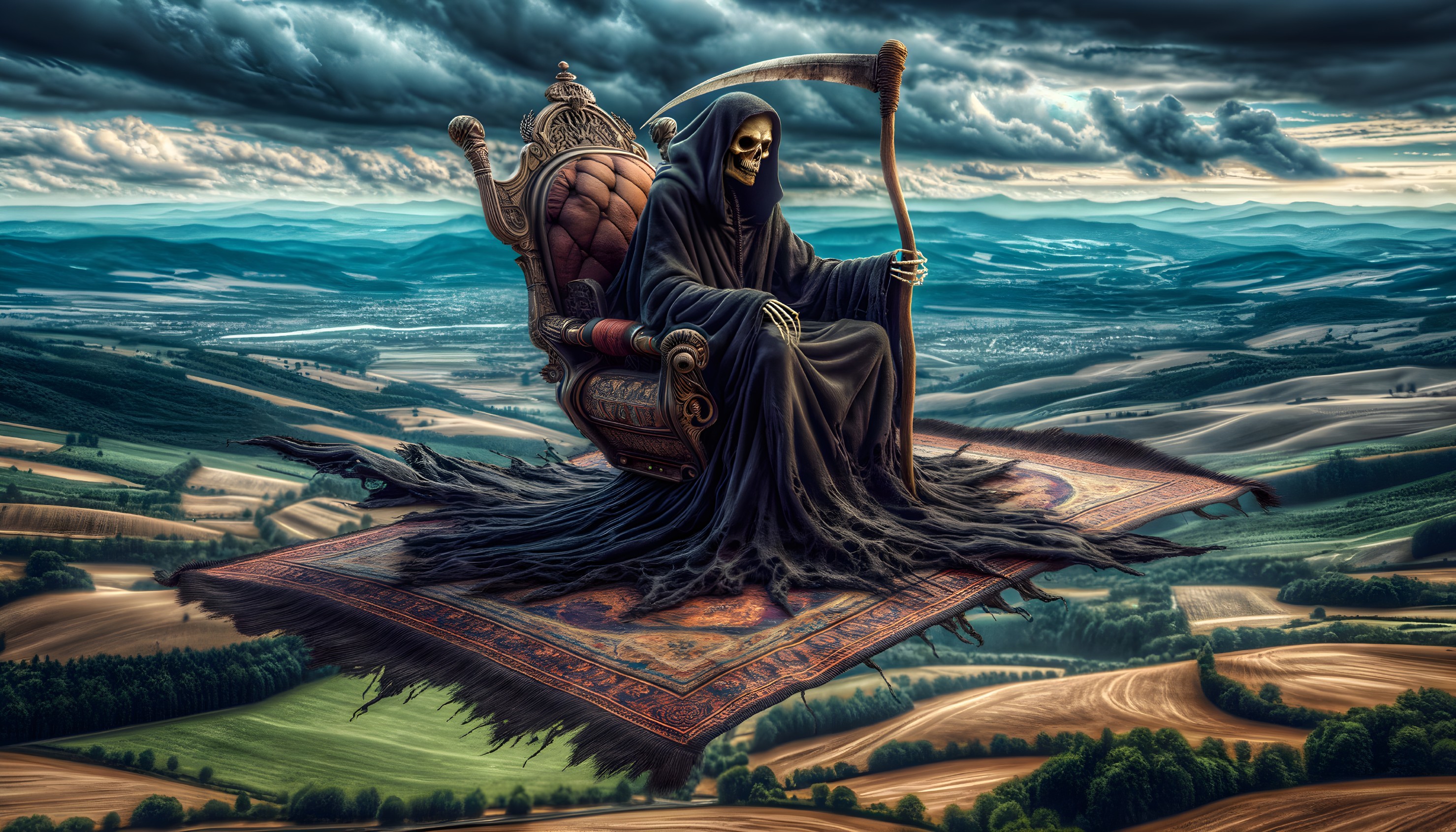 Grim reaper on flying carpet above panoramic landscape